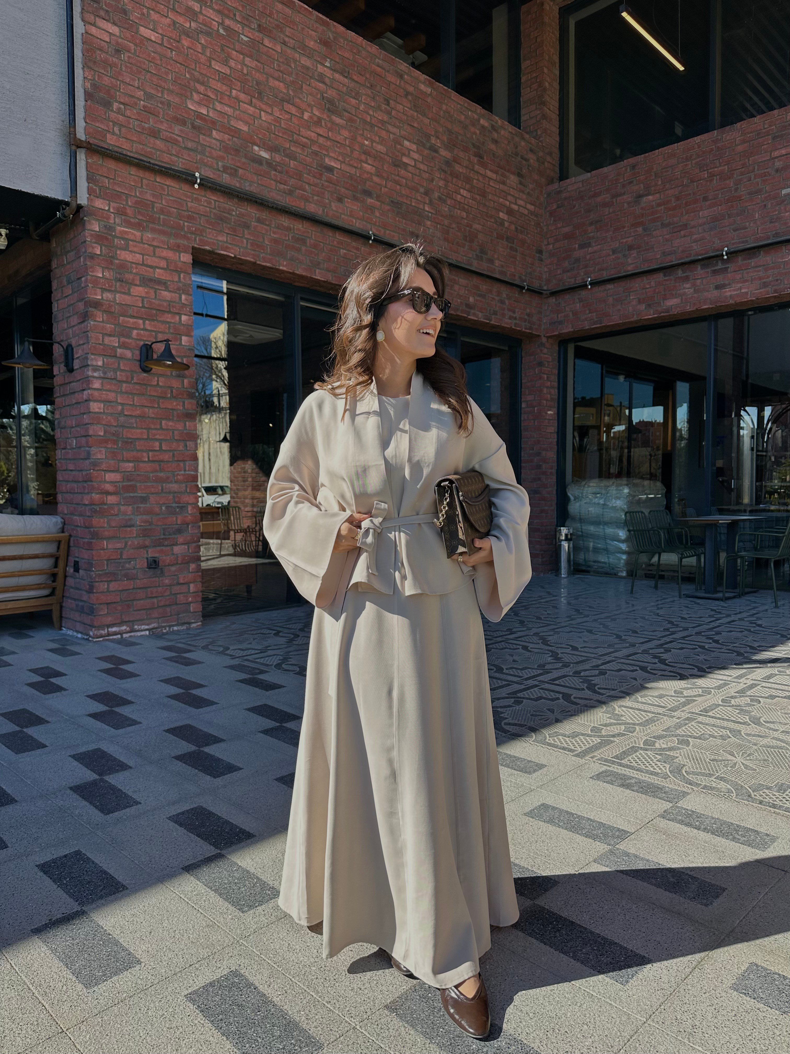 Kuşaklı Tensel Kimono Elbise Takım - Taş