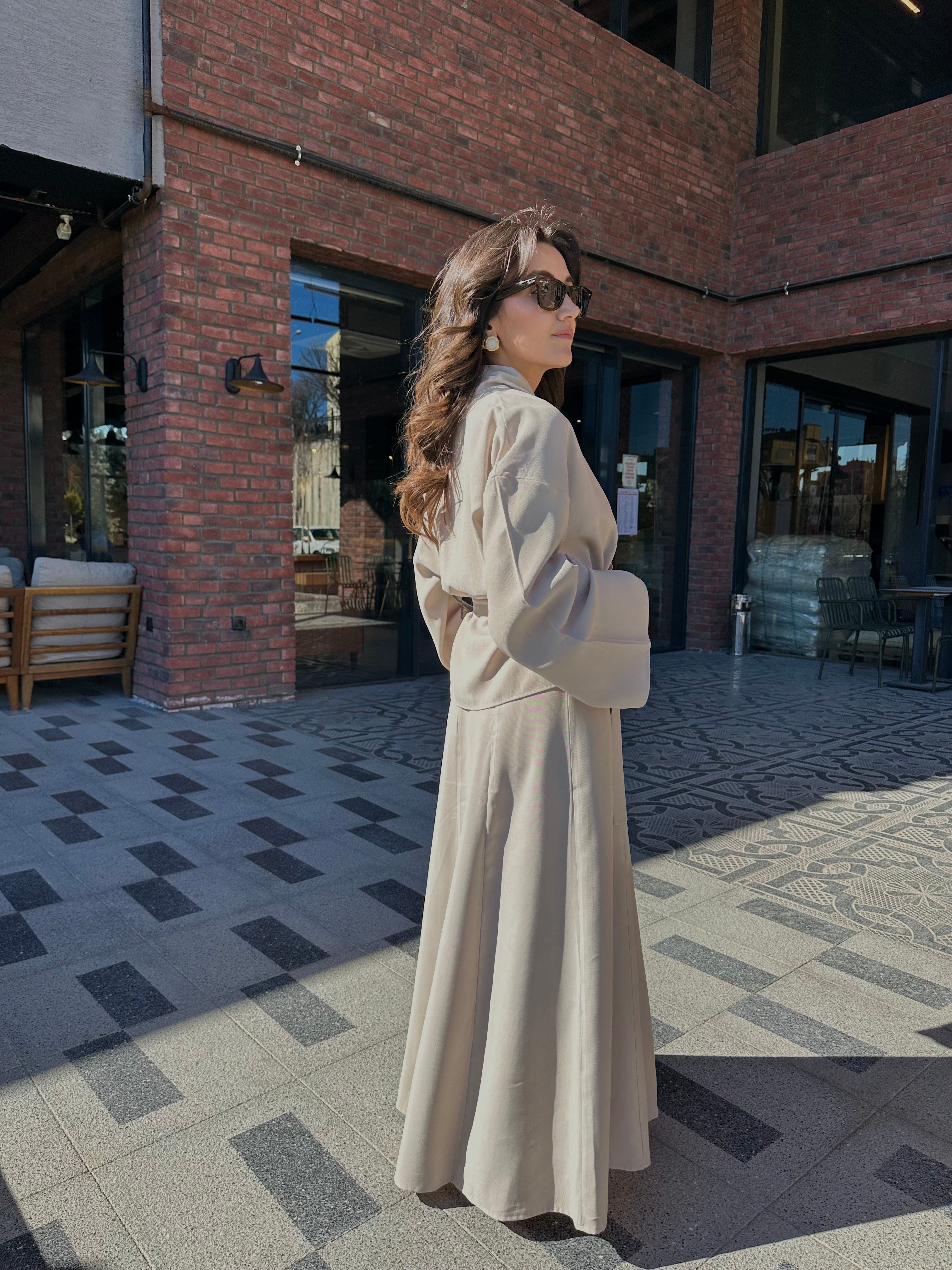 Kuşaklı Tensel Kimono Elbise Takım - Taş