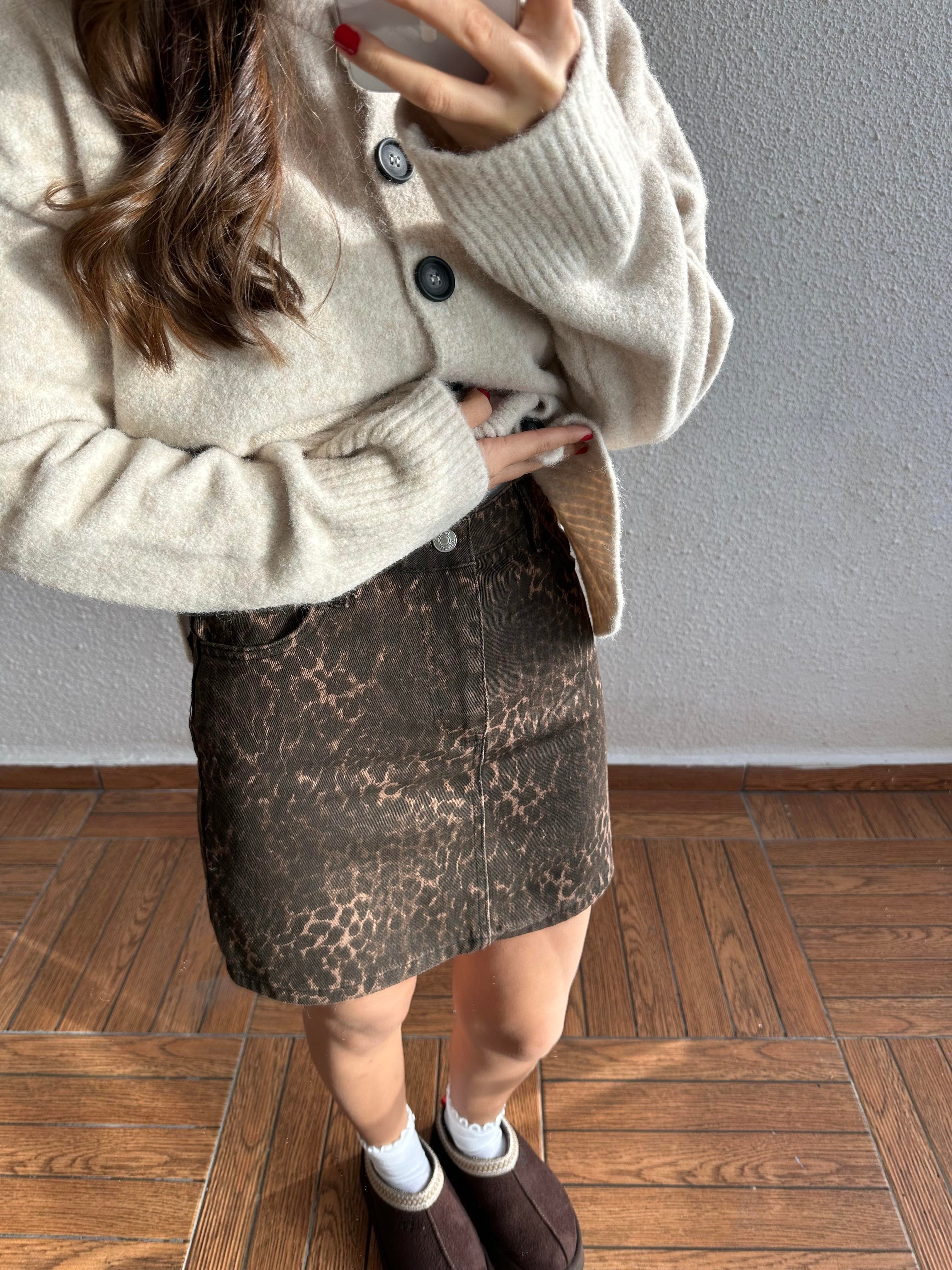 Leopar Desenli Gabardin Mini Etek