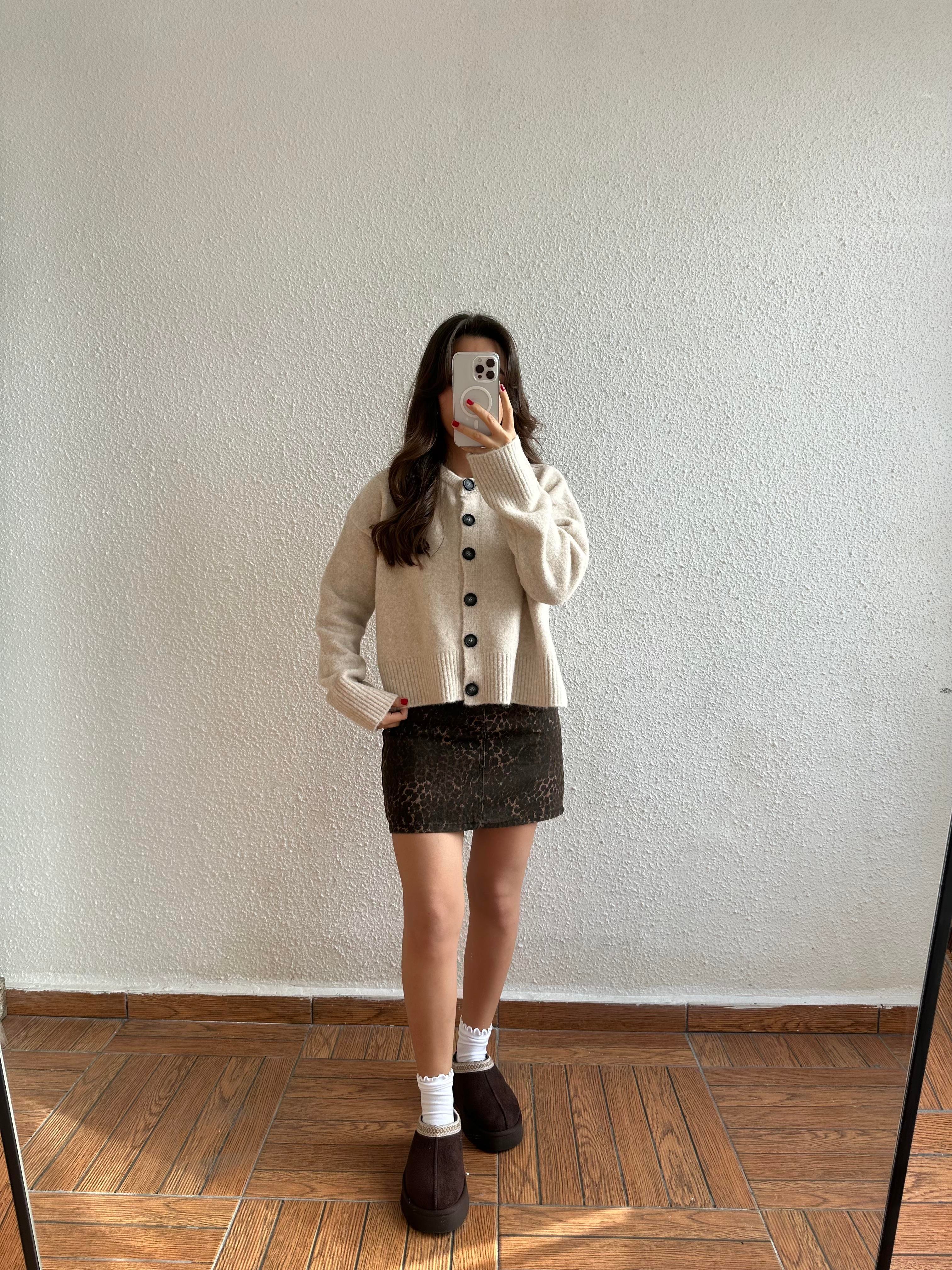 Leopar Desenli Gabardin Mini Etek