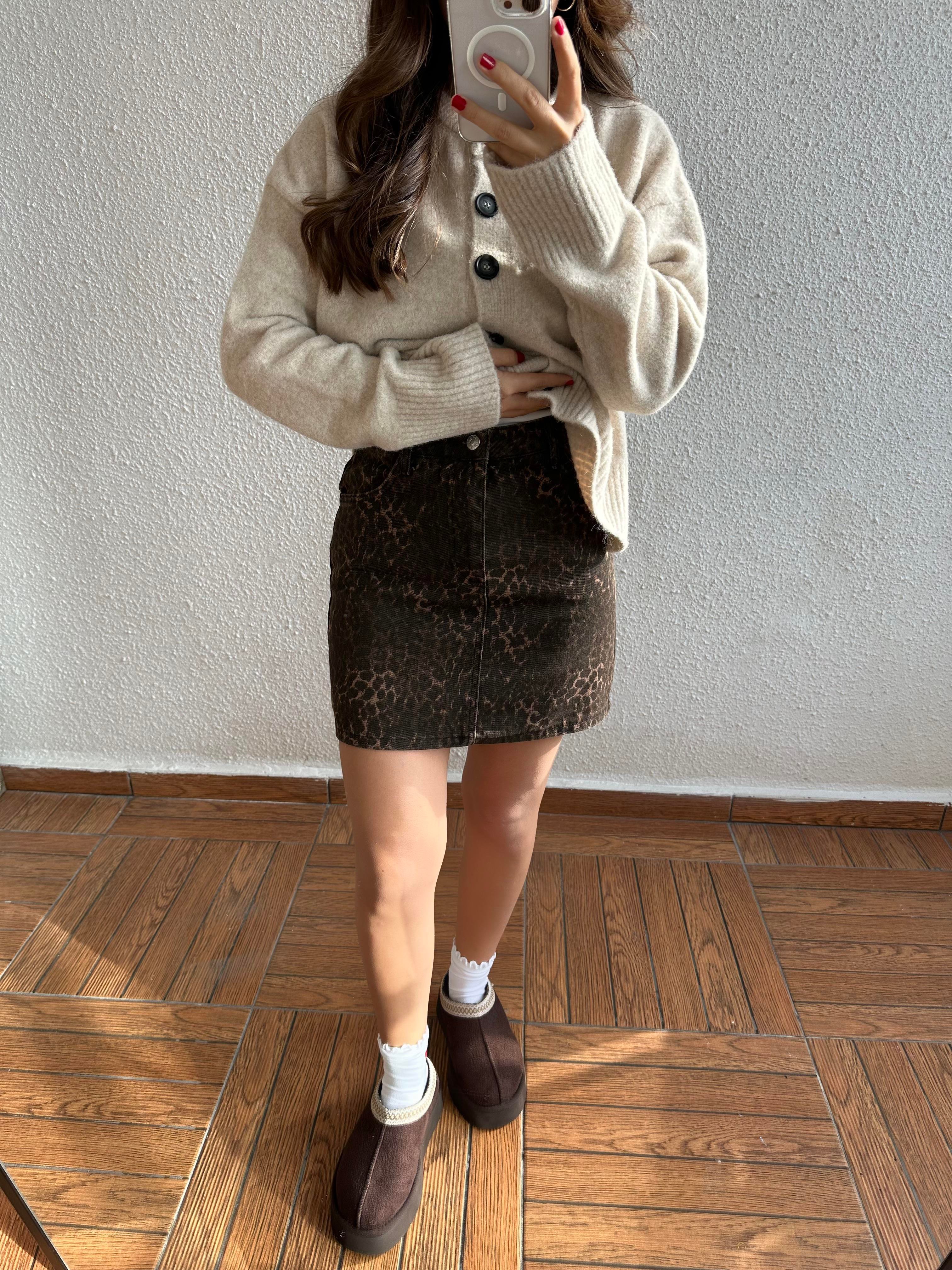 Leopar Desenli Gabardin Mini Etek