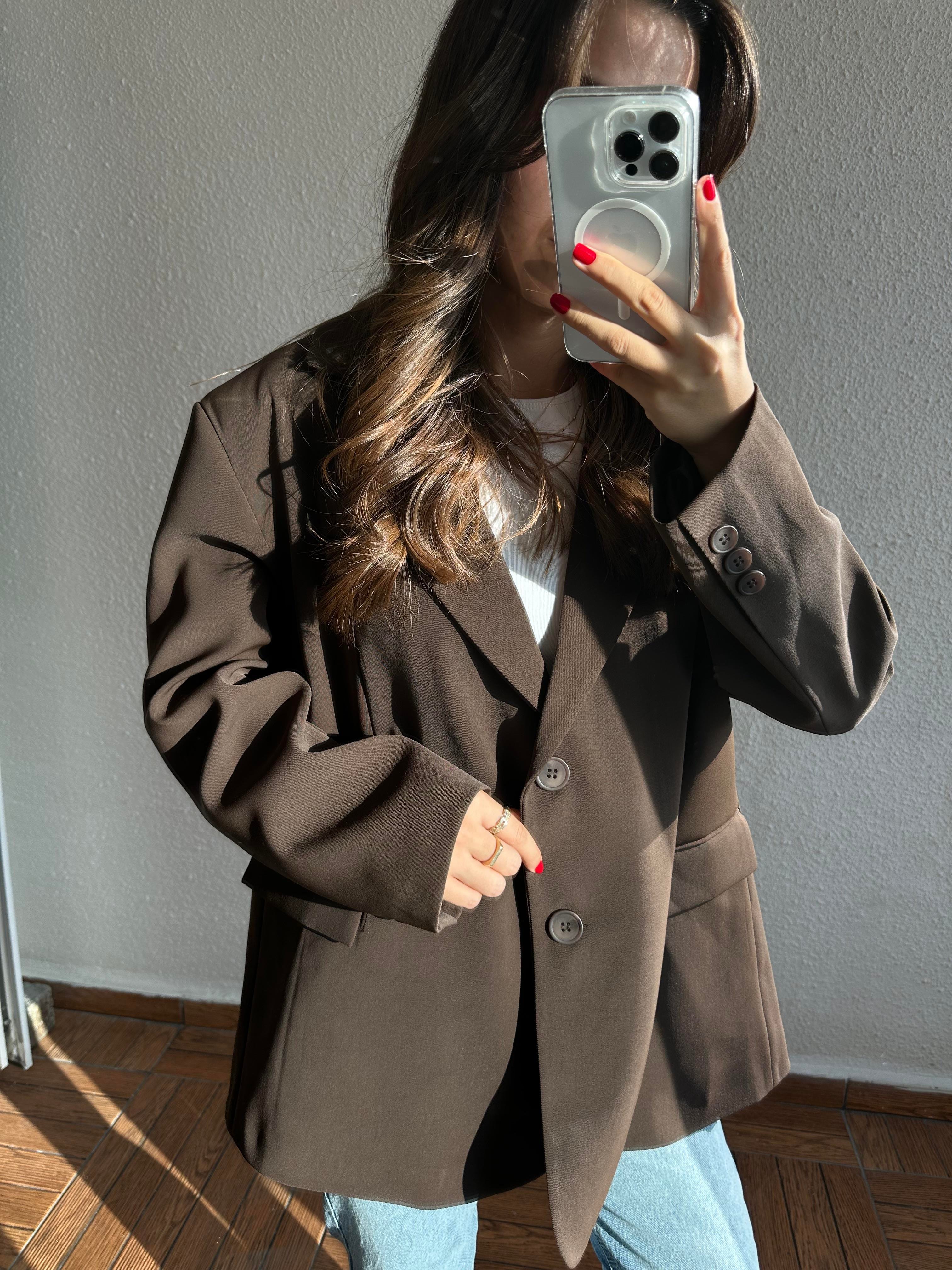 Süs Cepli Oversize Blazer Ceket-Kahverengi