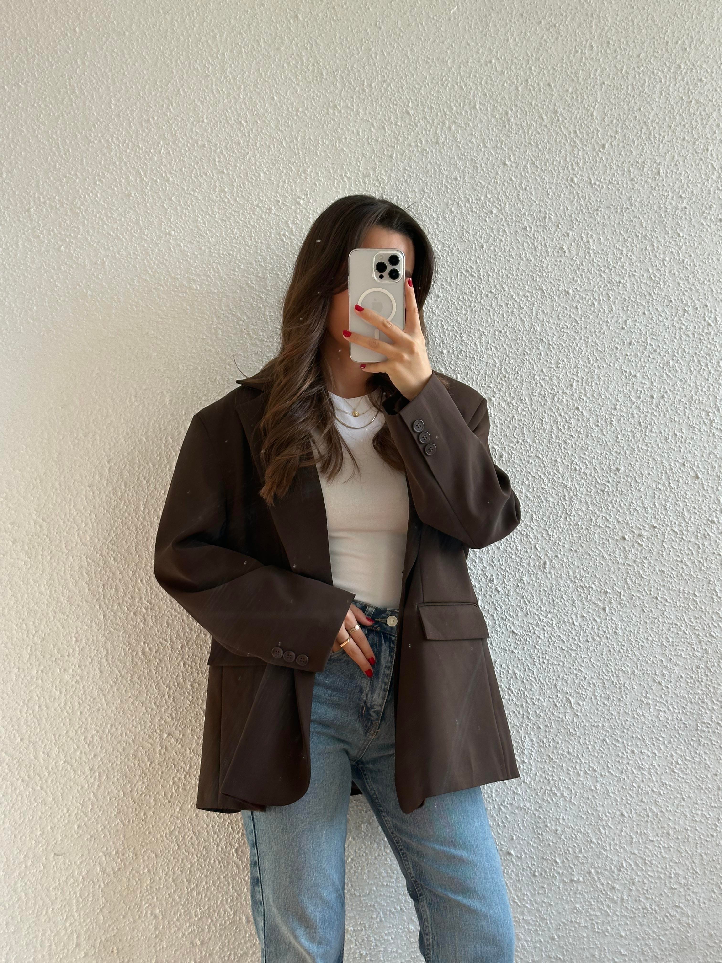 Süs Cepli Oversize Blazer Ceket-Kahverengi