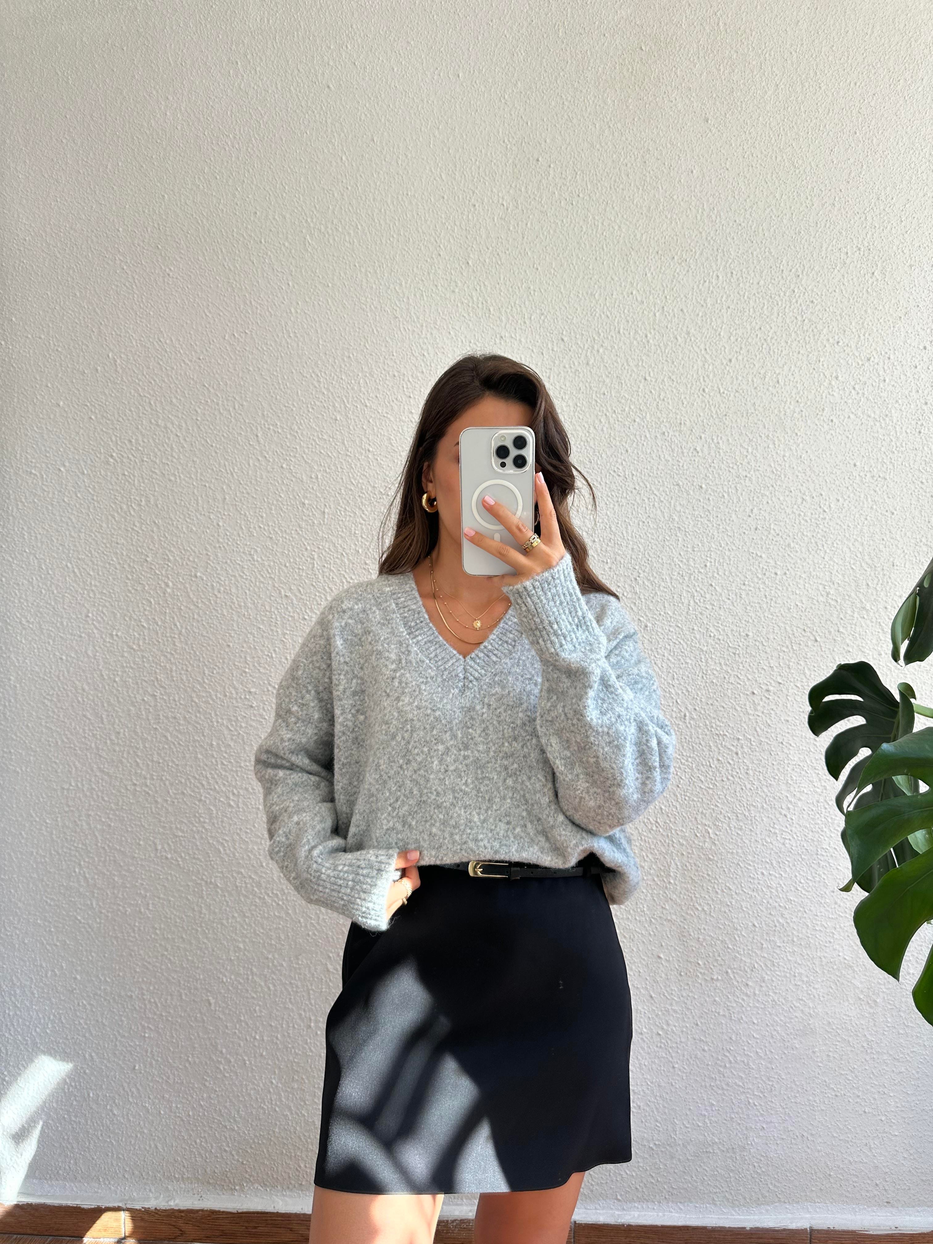V Yaka Oversize Kazak - Gri