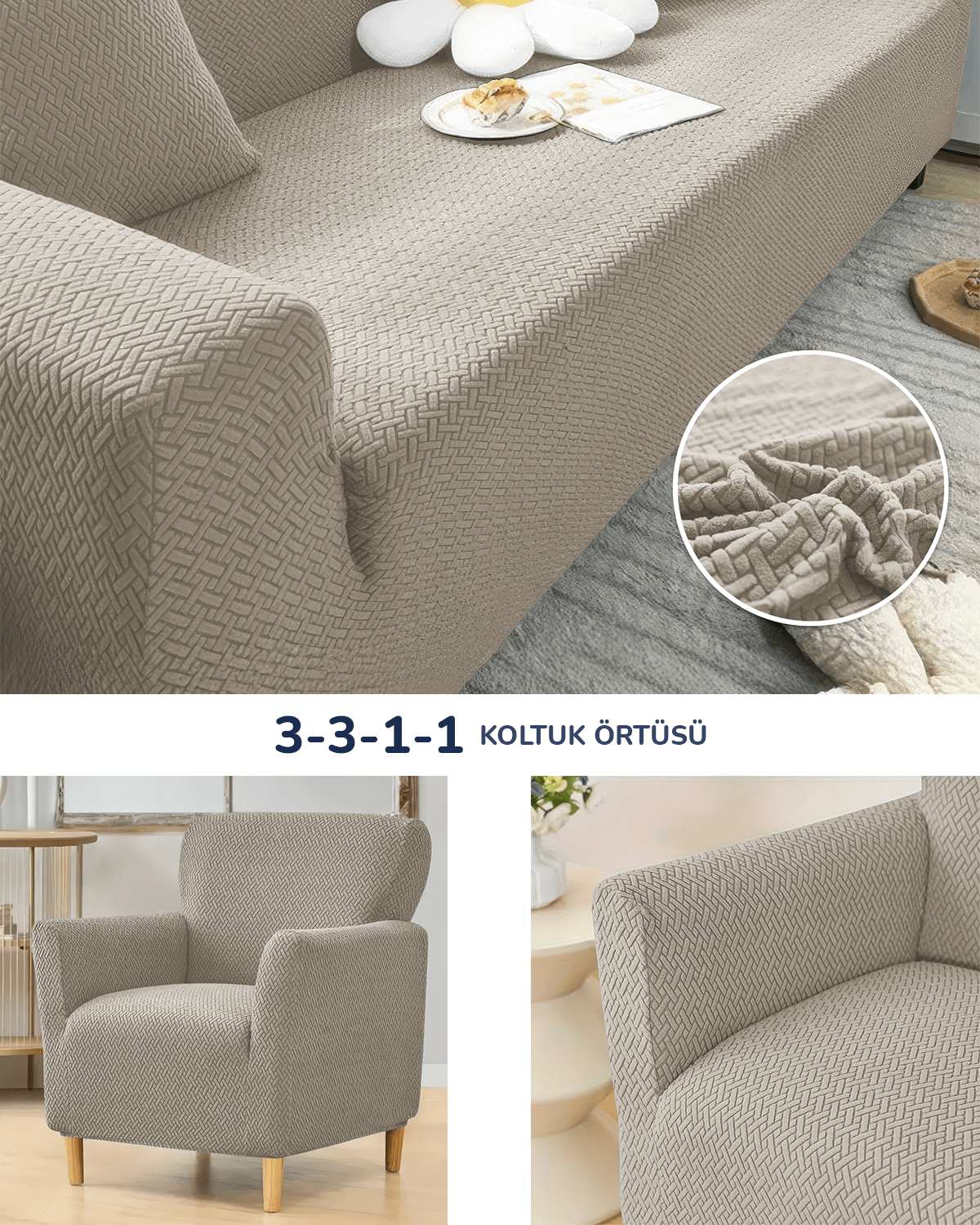 3.3.1.1 Koltuk Örtüsü Koltuk Kılıfı Takımı Lastikli Sofa Cover / Bej