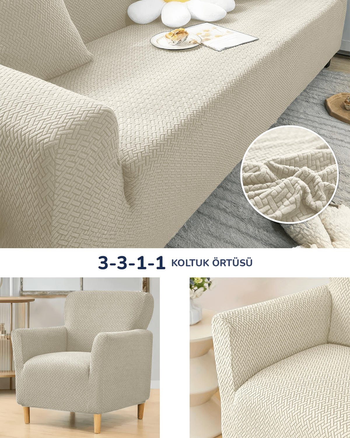 3.3.1.1 Koltuk Örtüsü Krem Koltuk Kılıfı Takımı Lastikli Sofa Cover / Krem