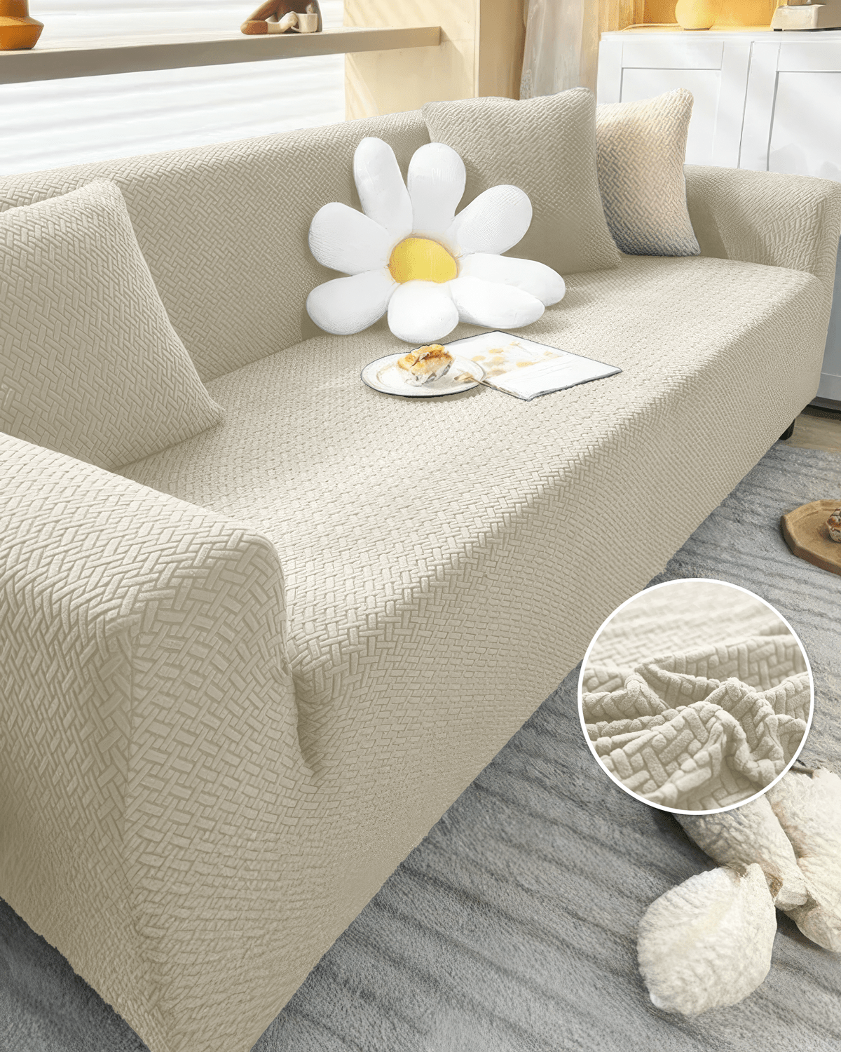 3.3.1.1 Koltuk Örtüsü Krem Koltuk Kılıfı Takımı Lastikli Sofa Cover / Krem