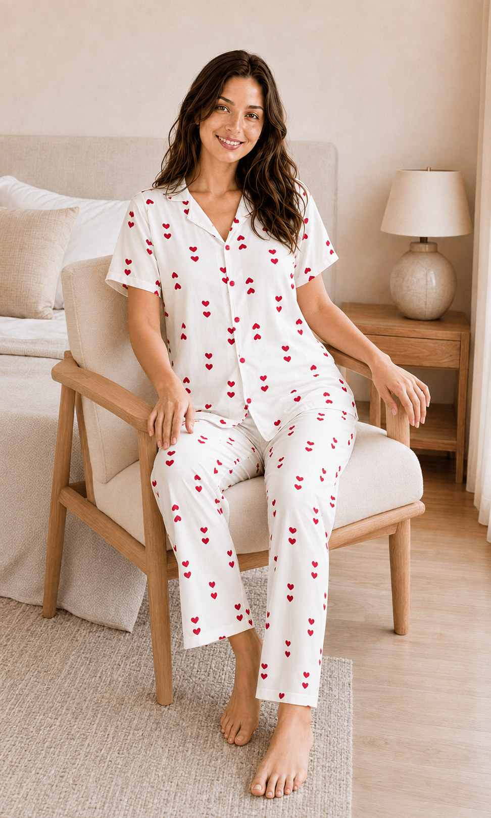 Amora Kalp Desenli Kısa Kollu Milan Kumaş Kadın Pijama Takımı