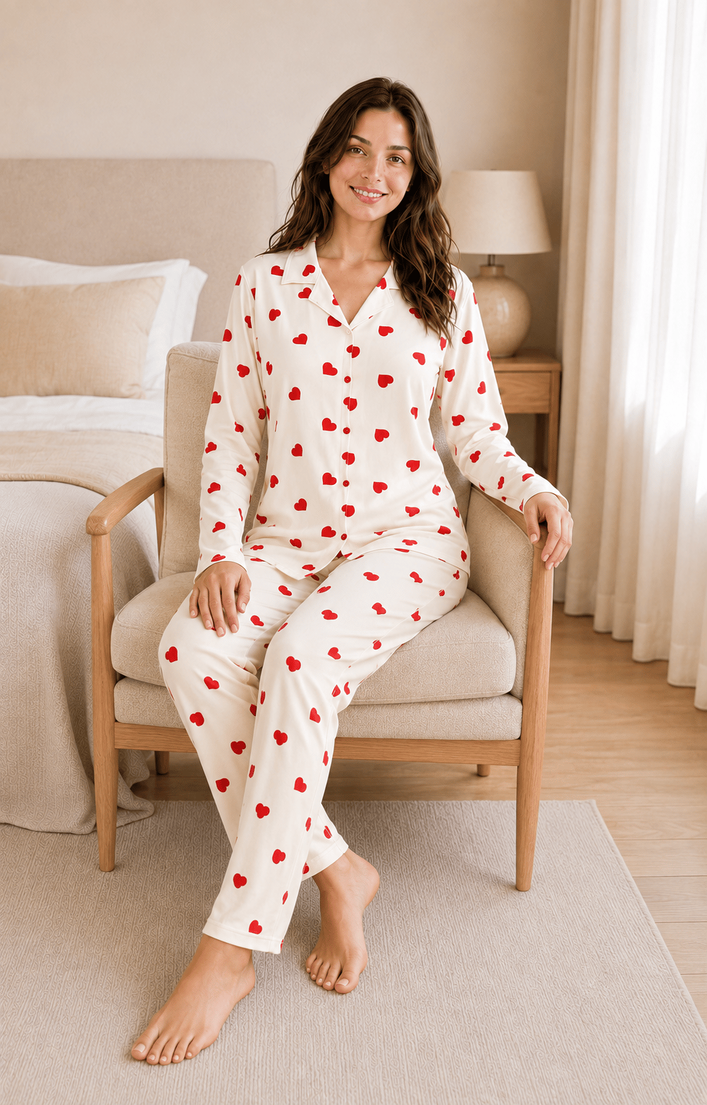 Amora Kırmızı Kalp Desenli Uzun Kollu Milan Kumaş Kadın Pijama Takımı