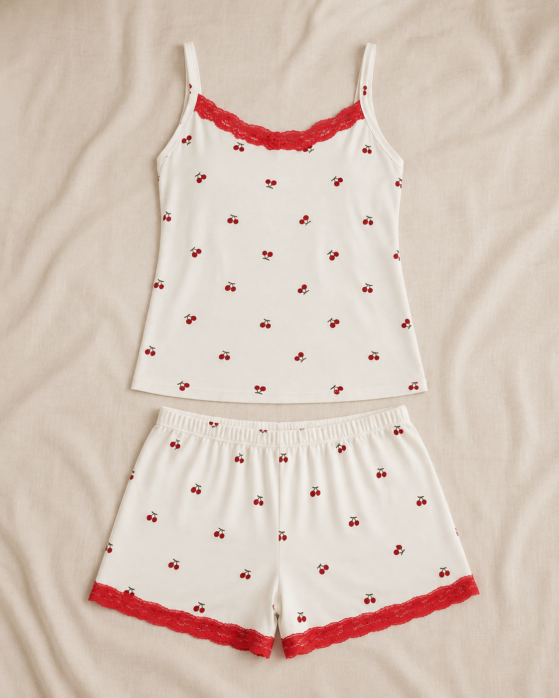 Cherry Kiraz Desenli Askılı Milan Kumaş Kadın Pijama Takımı
