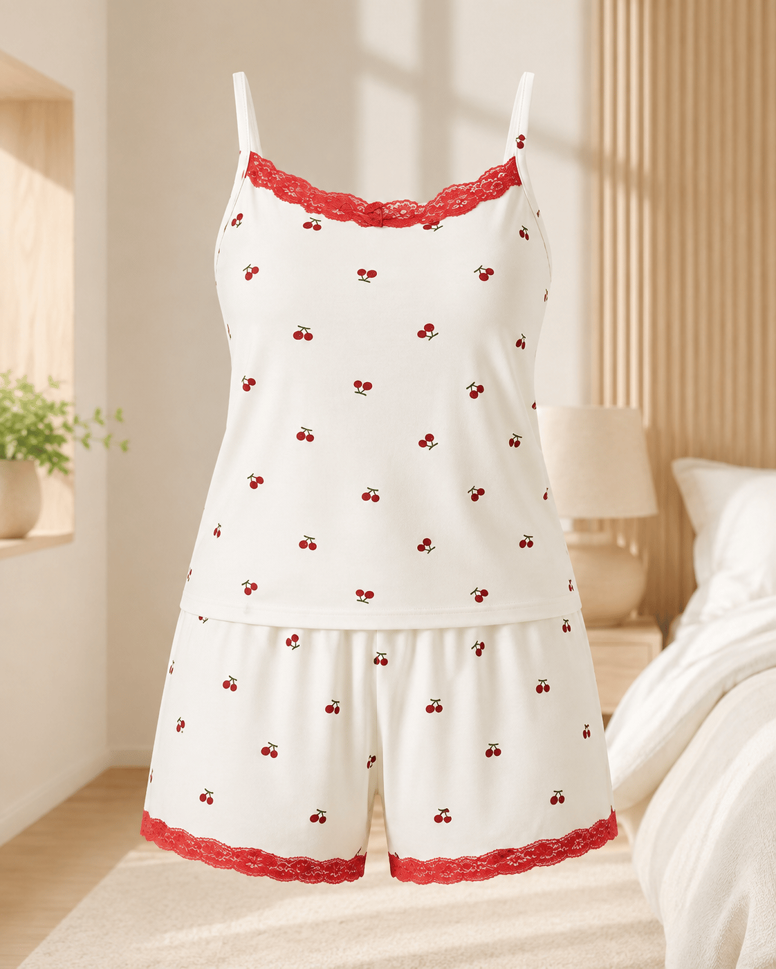 Cherry Kiraz Desenli Askılı Milan Kumaş Kadın Pijama Takımı