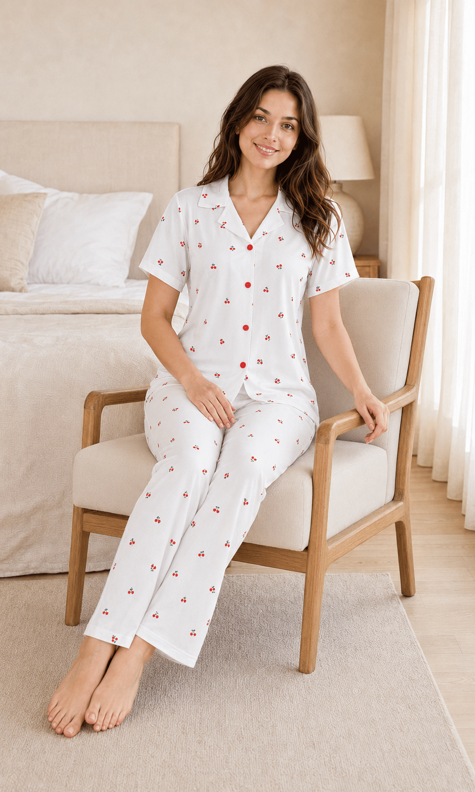Cherry Kiraz Desenli Kısa Kollu Milan Kumaş Kadın Pijama Takımı