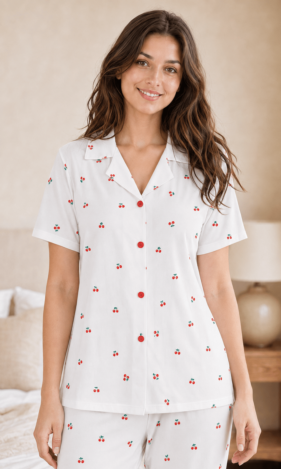 Cherry Kiraz Desenli Kısa Kollu Milan Kumaş Kadın Pijama Takımı