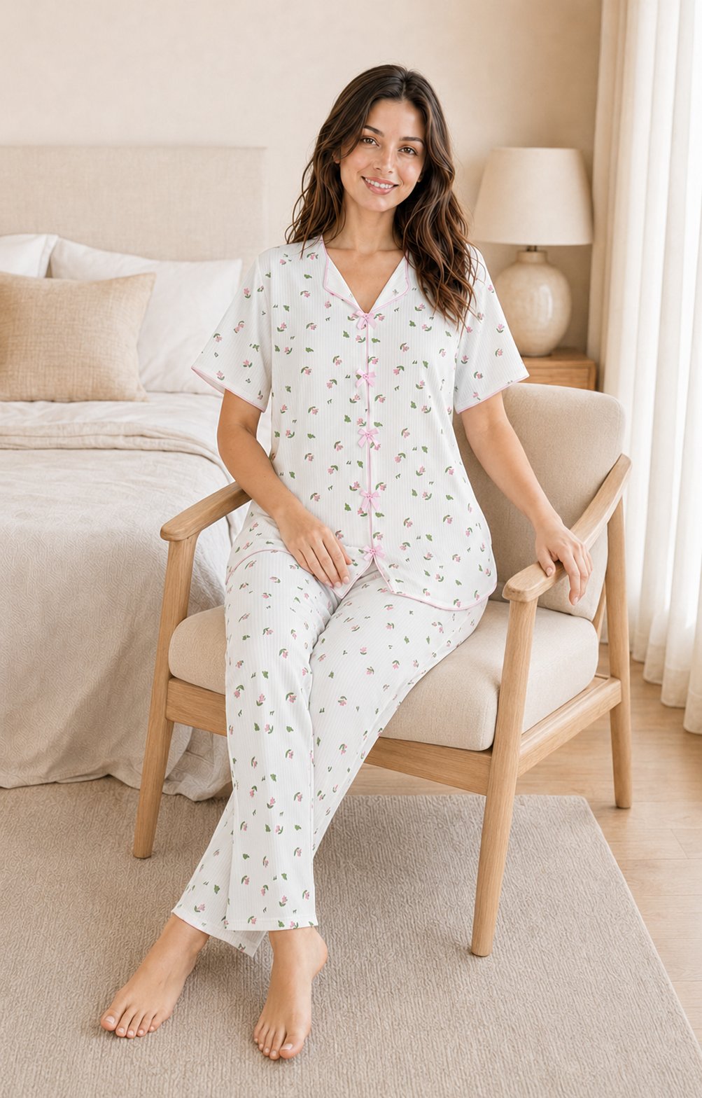 Flora Fiyonklu Yeşil Yaprak Desenli Kısa Kollu Milan Kumaş Kadın Pijama Takımı