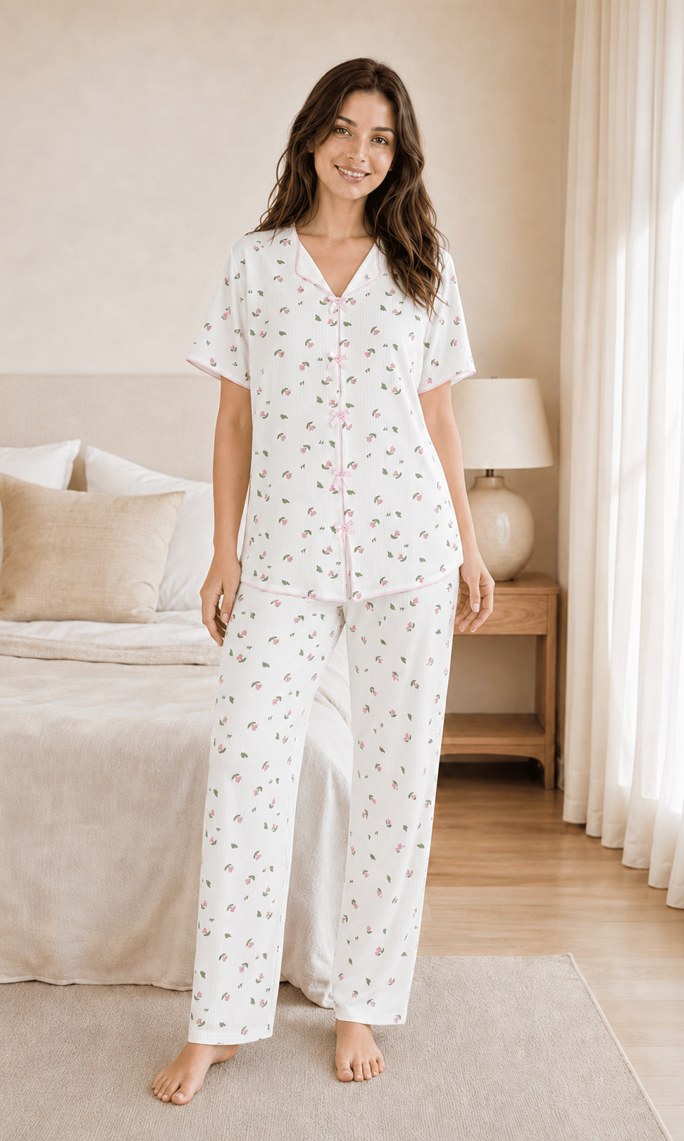 Flora Fiyonklu Yeşil Yaprak Desenli Kısa Kollu Milan Kumaş Kadın Pijama Takımı