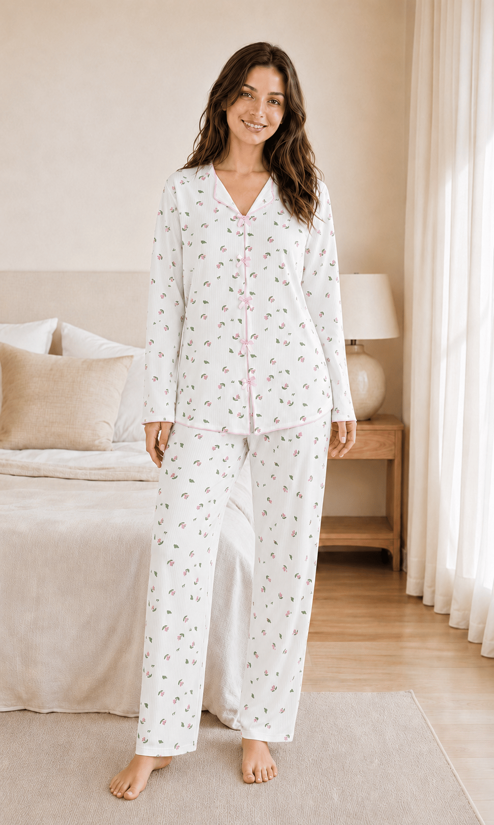 Flora Fiyonklu Yeşil Yaprak Desenli Uzun Kollu Milan Kumaş Kadın Pijama Takımı
