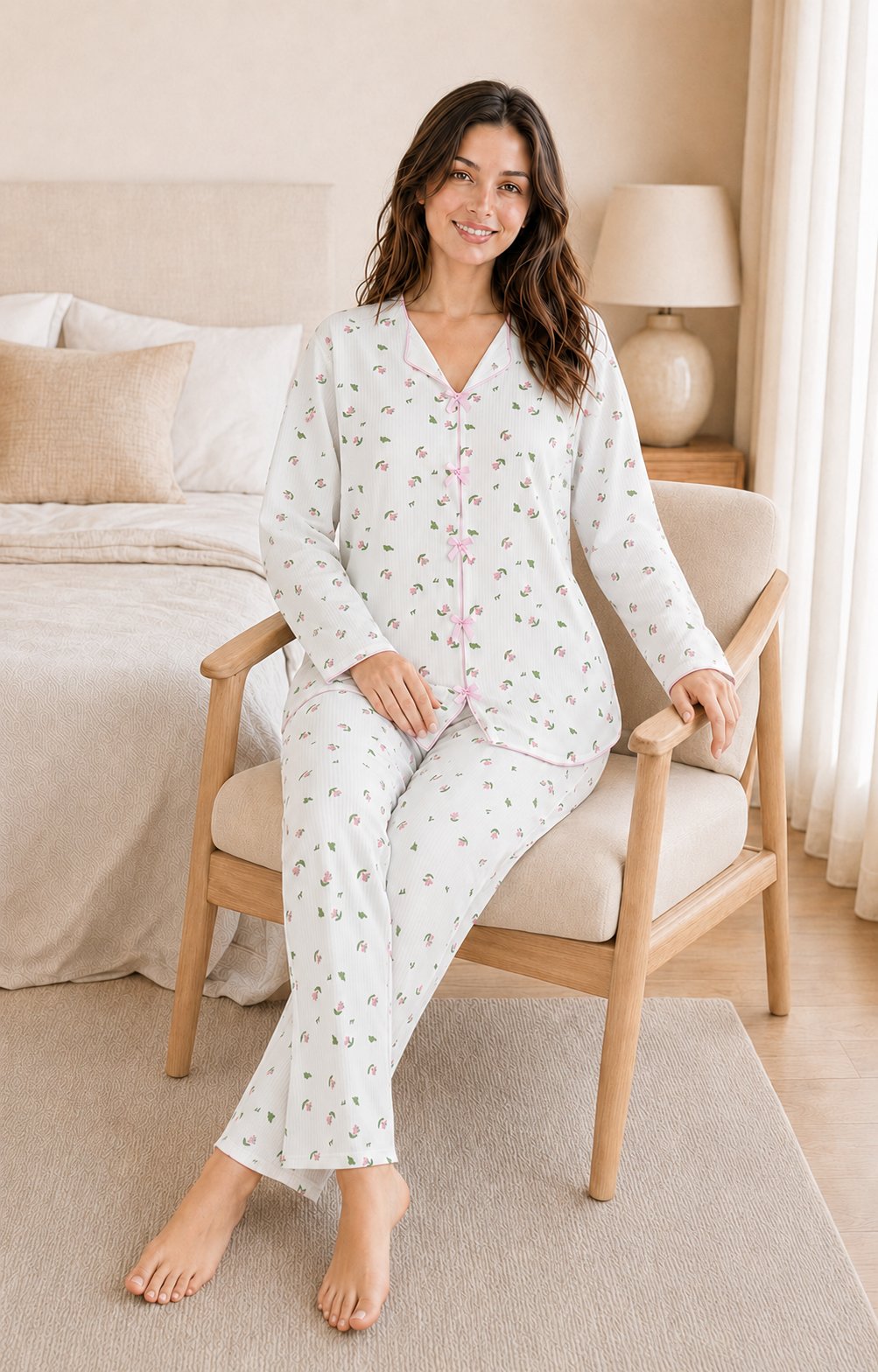 Flora Fiyonklu Yeşil Yaprak Desenli Uzun Kollu Milan Kumaş Kadın Pijama Takımı