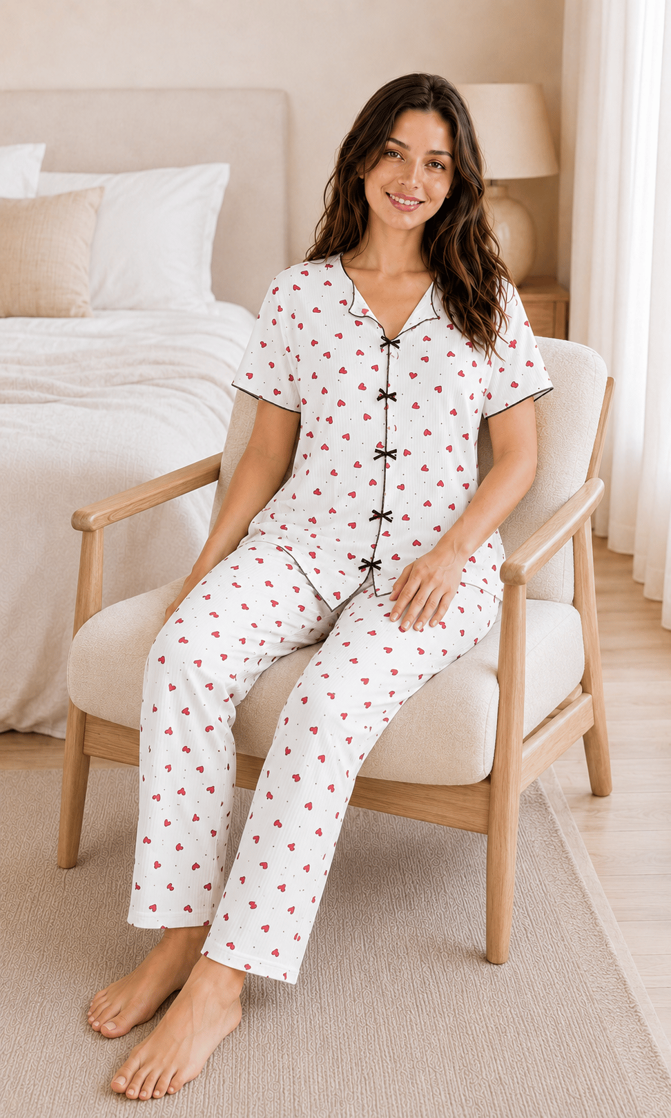 Kalbim Fiyonklu Kalp Desenli Kısa Kollu Milan Kumaş Kadın Pijama Takımı