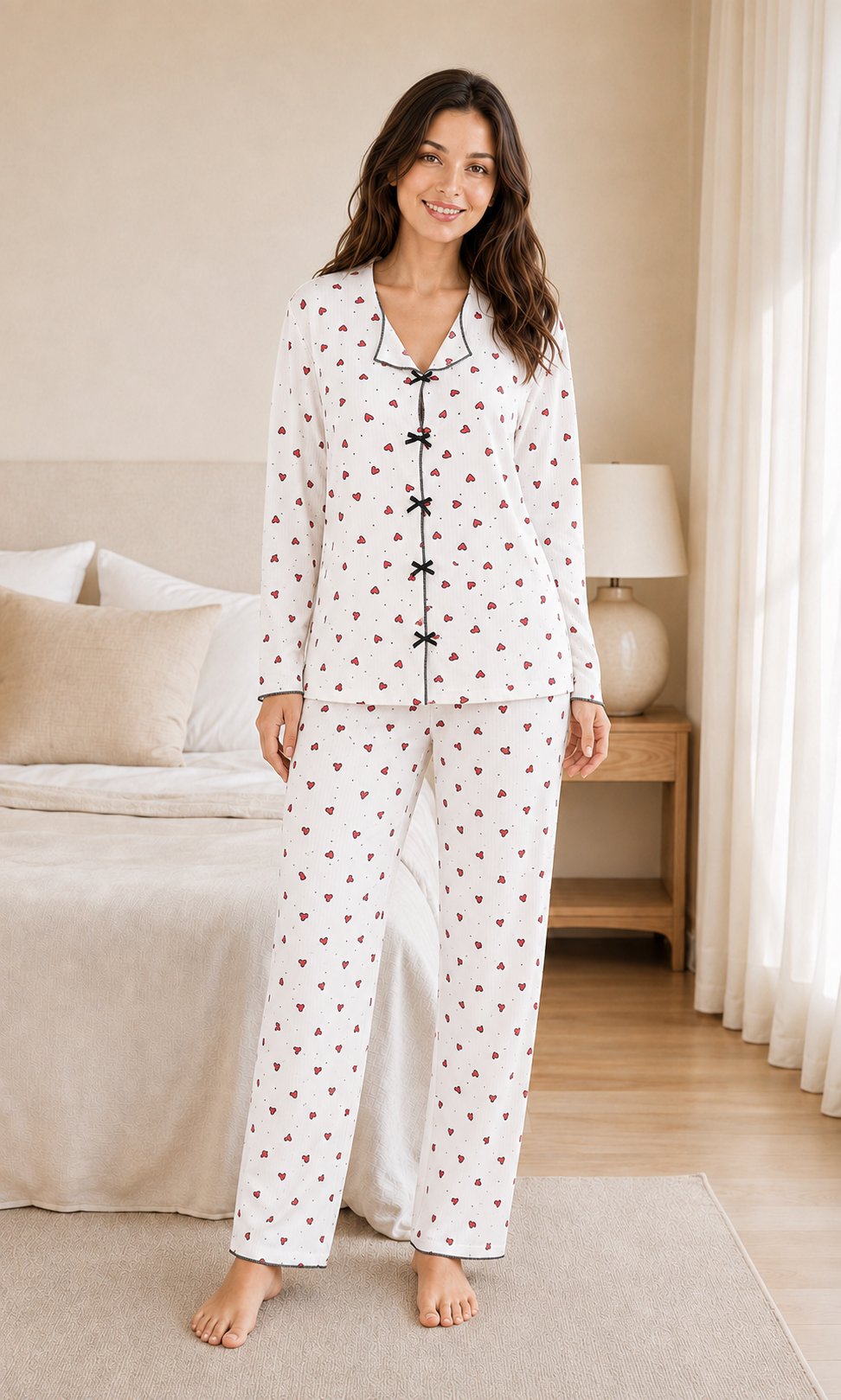 Kalbim Fiyonklu Kalp Desenli Uzun Kollu Milan Kumaş Kadın Pijama Takımı