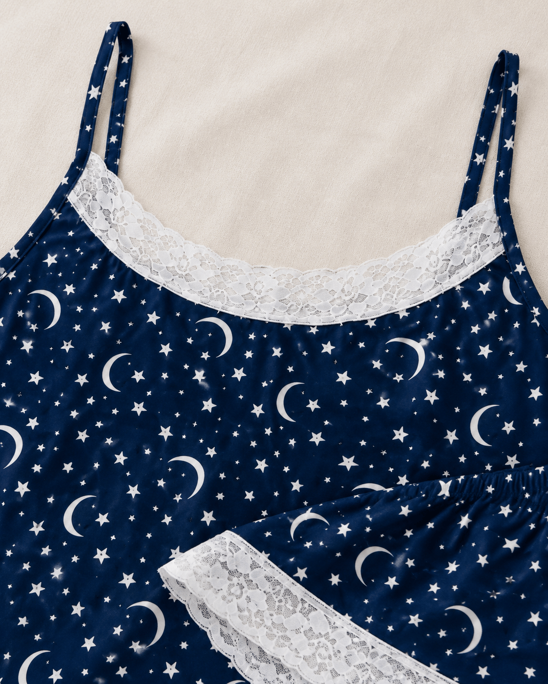 Luna Lacivert Ay Yıldız Desenli Askılı Milan Kumaş Kadın Pijama Takımı