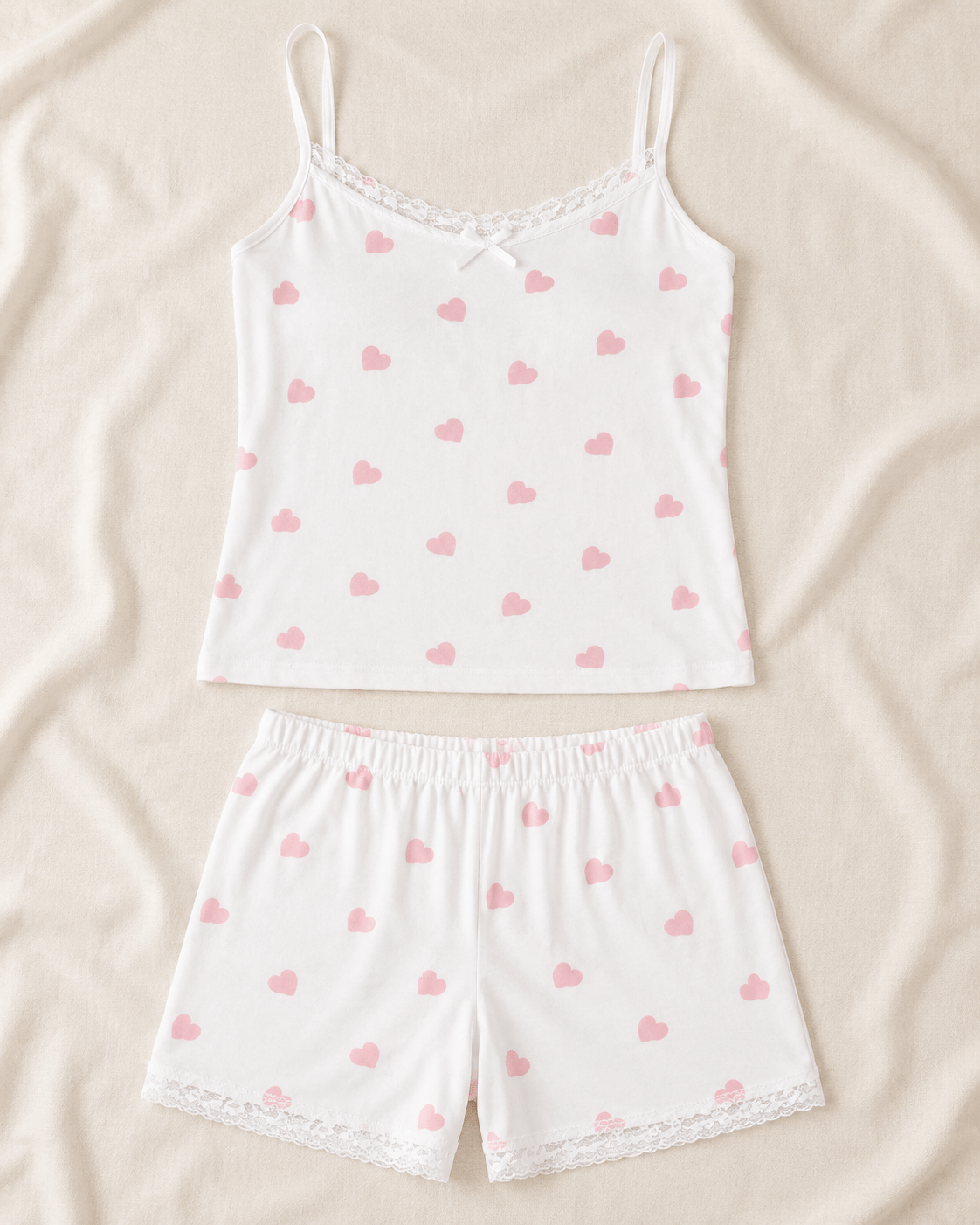Pembe Rüya Kalp Desenli Askılı Milan Kumaş Kadın Pijama Takımı