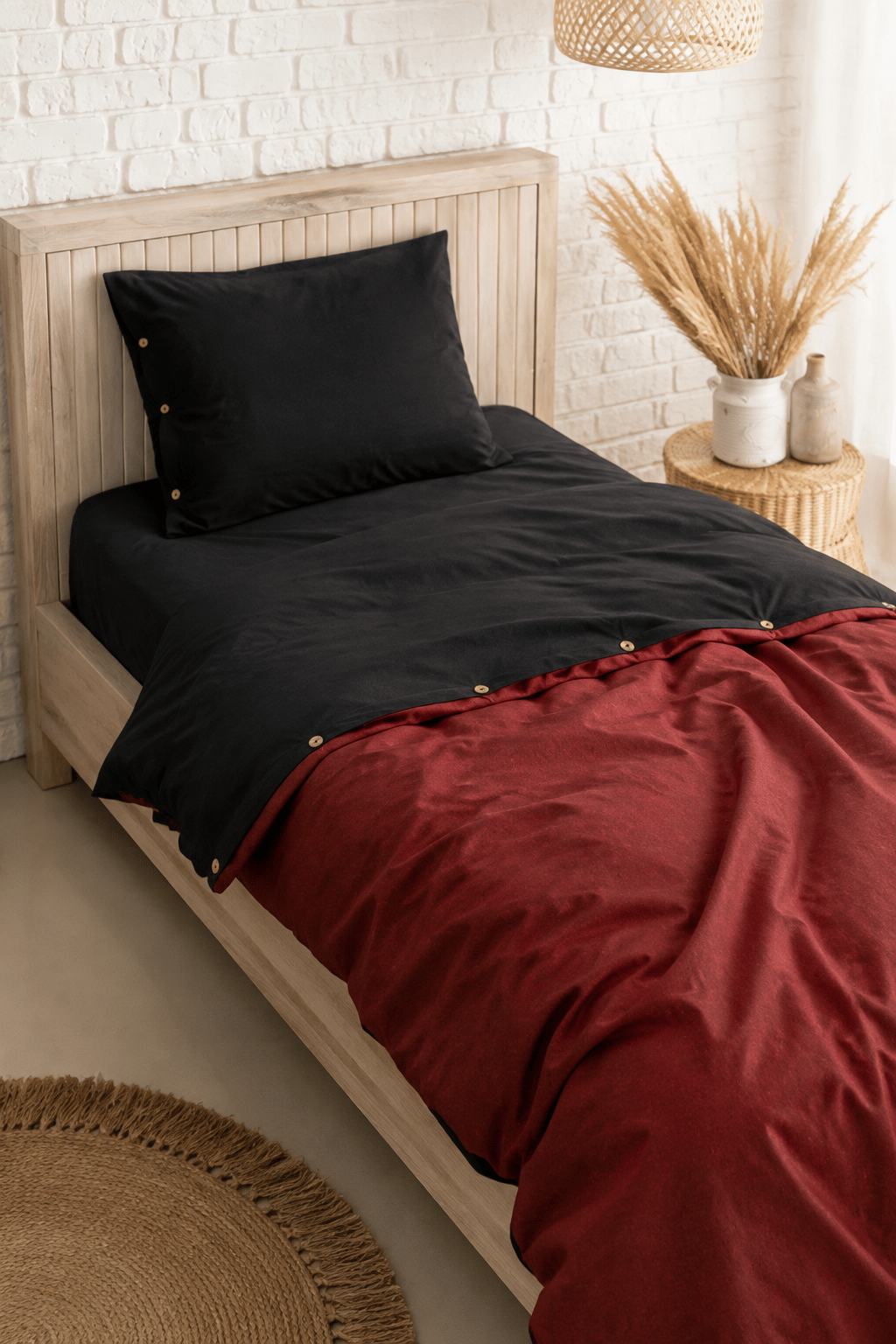 Uyum-Black/Burgundy Tek Kişilik Nevresim Takımı (Lastikli Çarşaflı)