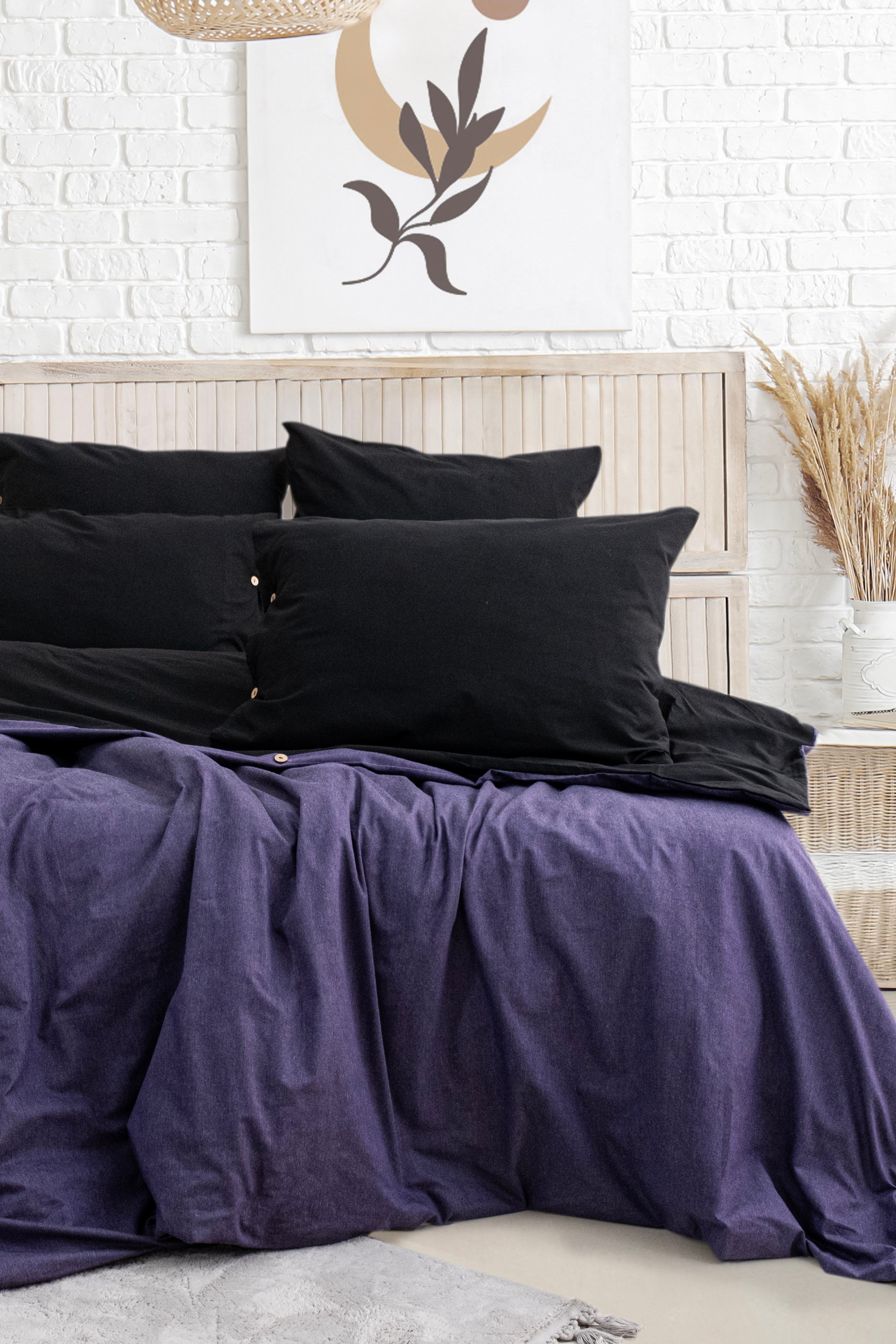 Uyum-Black/Purple Çift Kişilik Nevresim Takımı (Lastikli Çarşaflı)