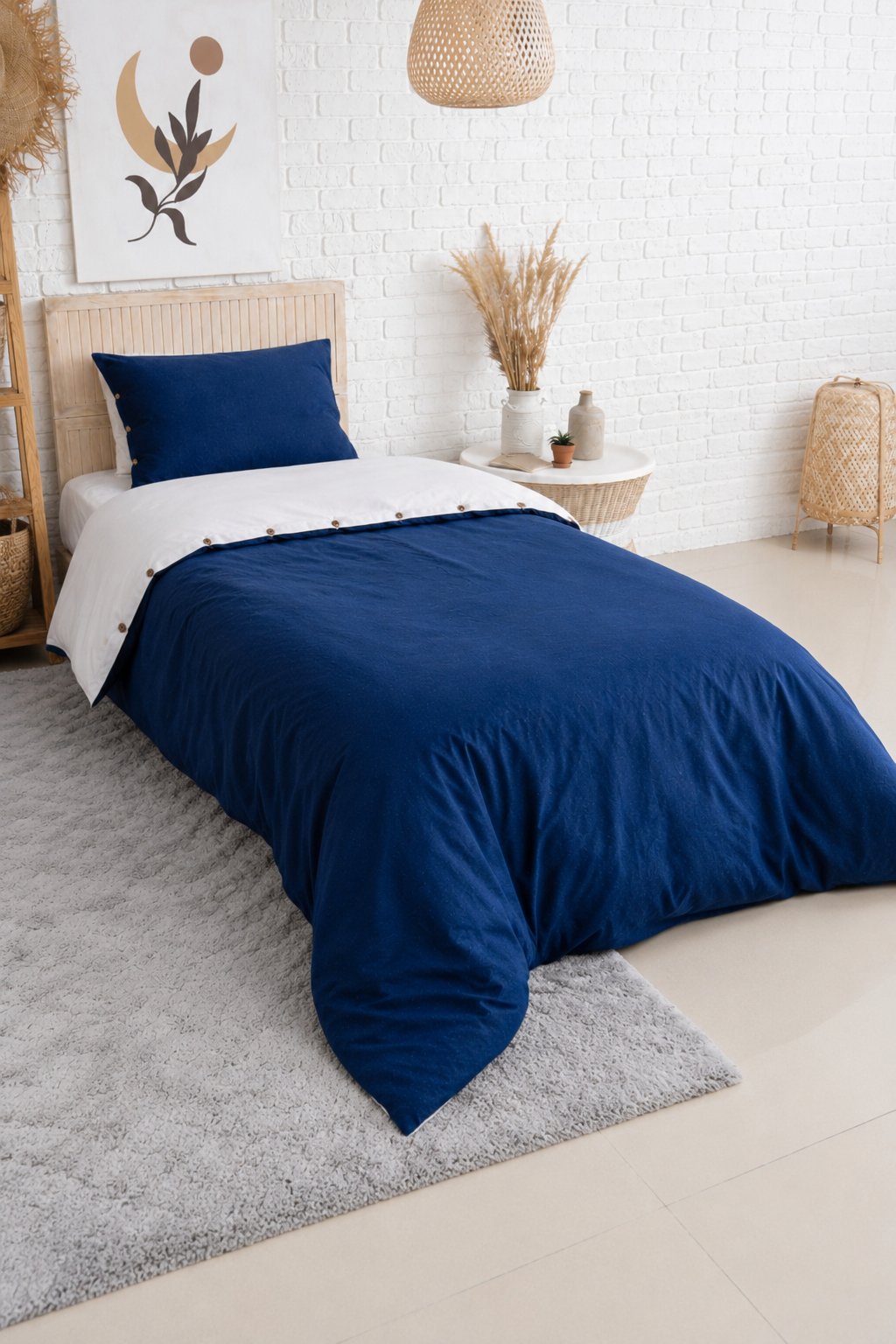 Uyum-Navy Blue/Cream Tek Kişilik Nevresim Takımı (Lastikli Çarşaflı)