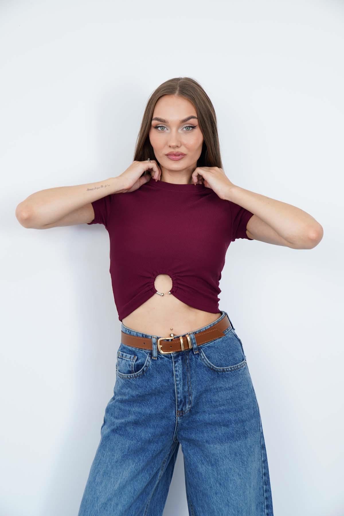 Bisiklet Yaka Piercingli T-Shirt Bordo