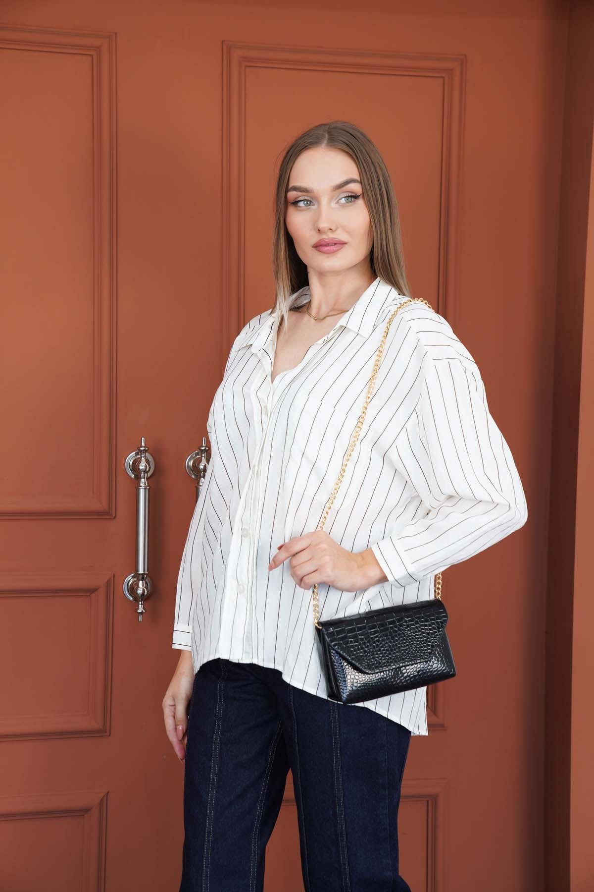 Çizgili Oversize Gömlek Beyaz