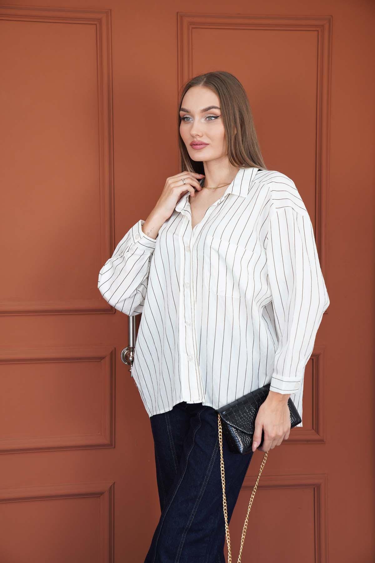 Çizgili Oversize Gömlek Beyaz
