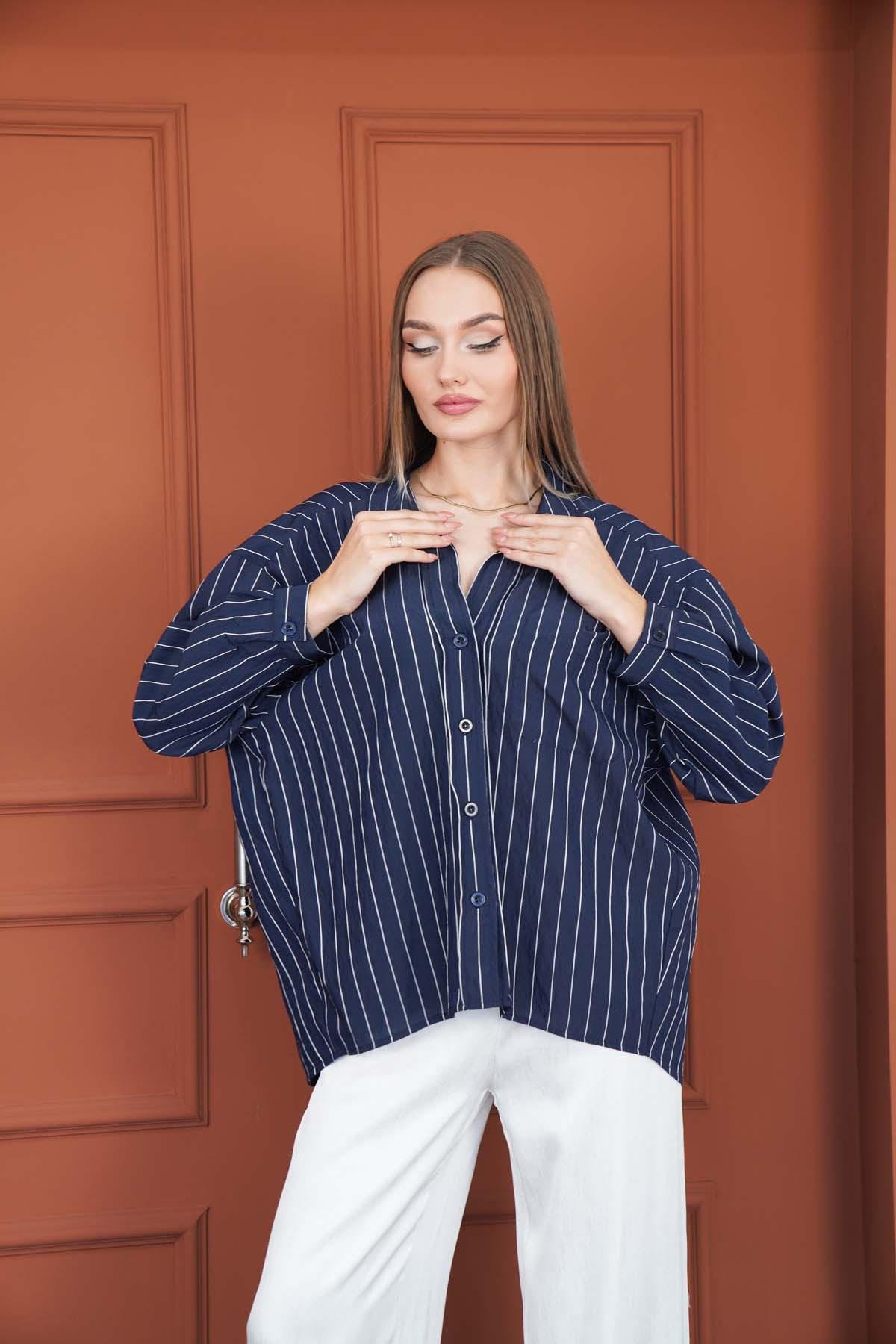 Çizgili Oversize Gömlek Lacivert