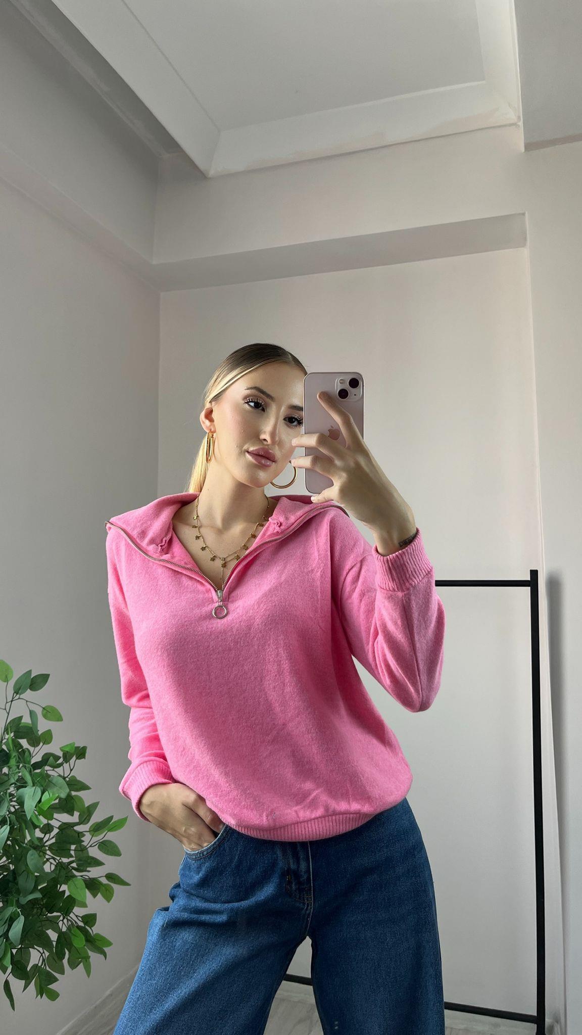 Fermuarlı Sweatshırt Pembe