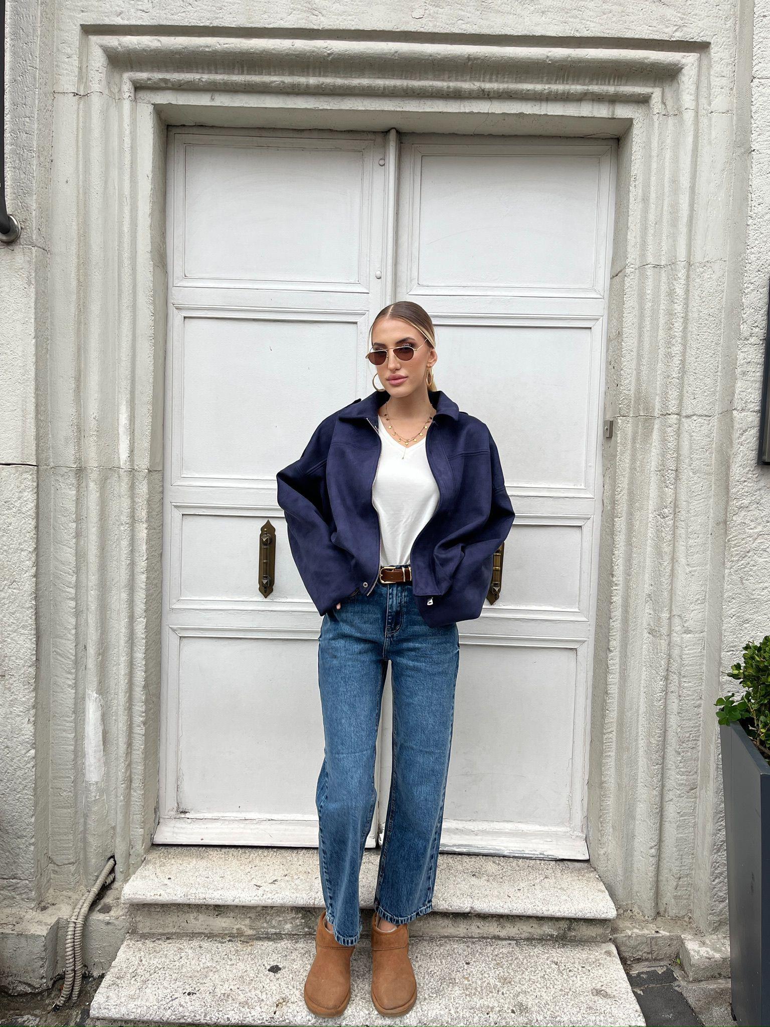 Oversize Bumber Süet Ceket  Lacivert