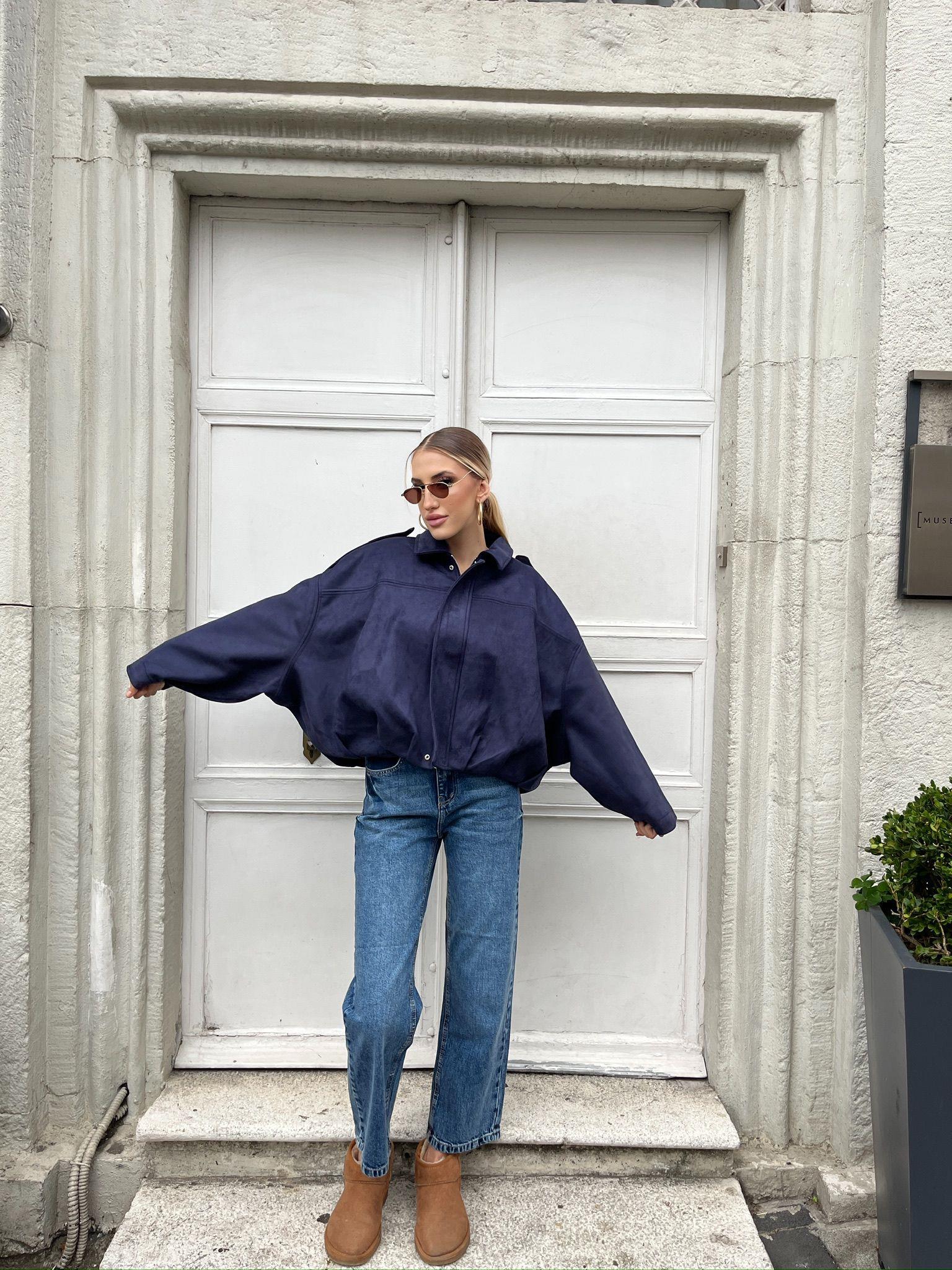 Oversize Bumber Süet Ceket  Lacivert