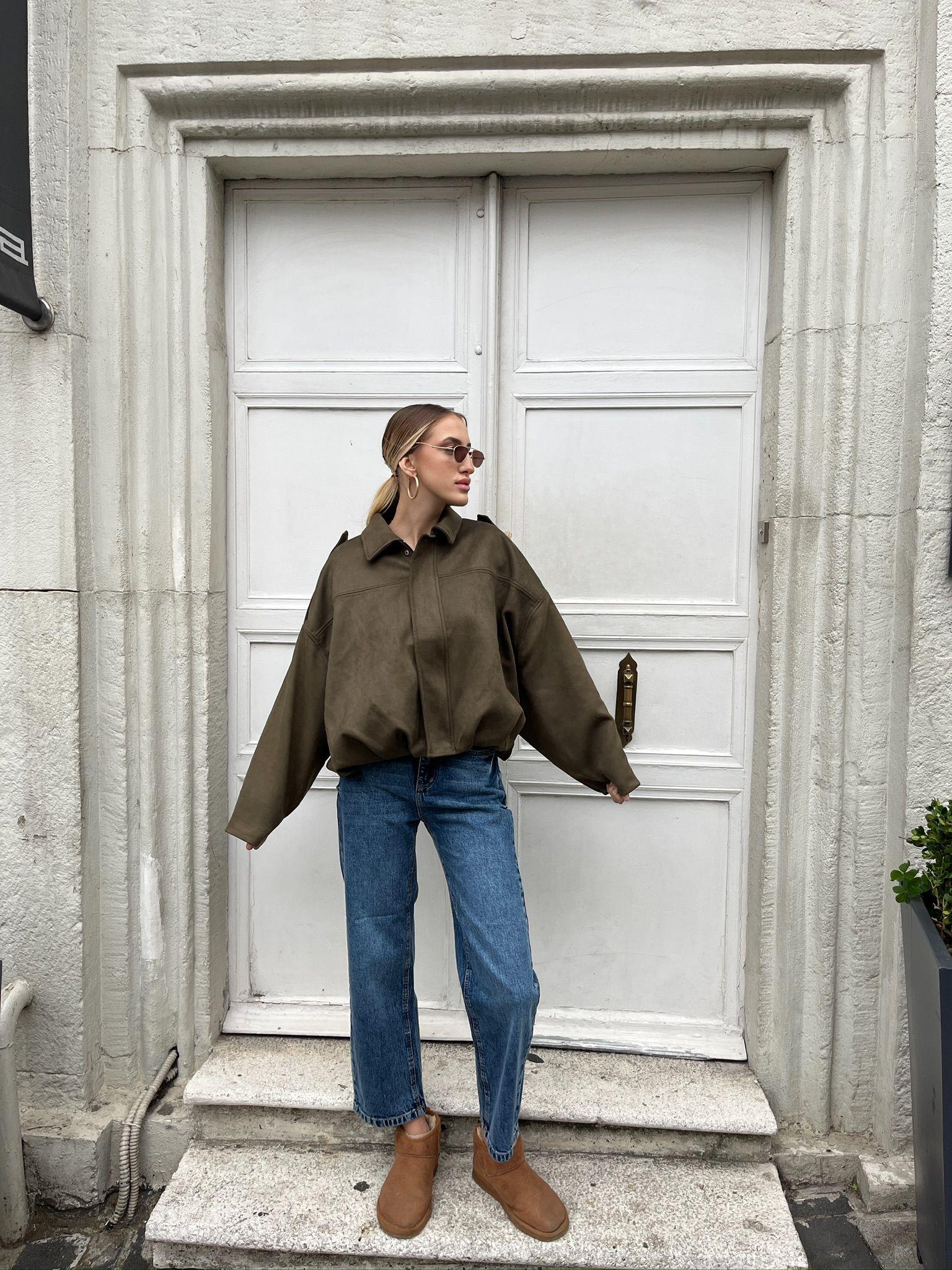 Oversize Süet Bumber Ceket Yeşil