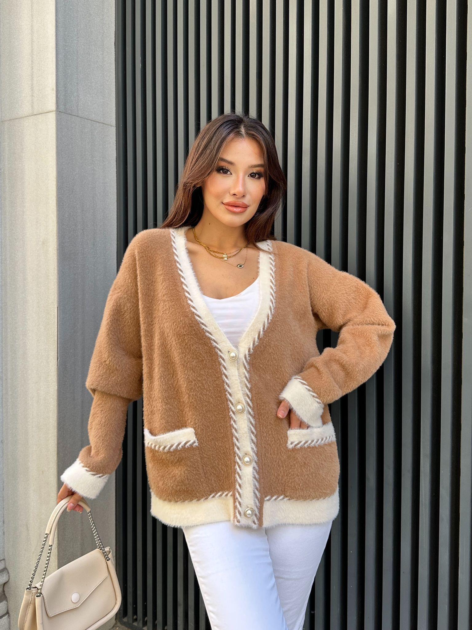 Premium Cepli Peluş Hırka Kahve