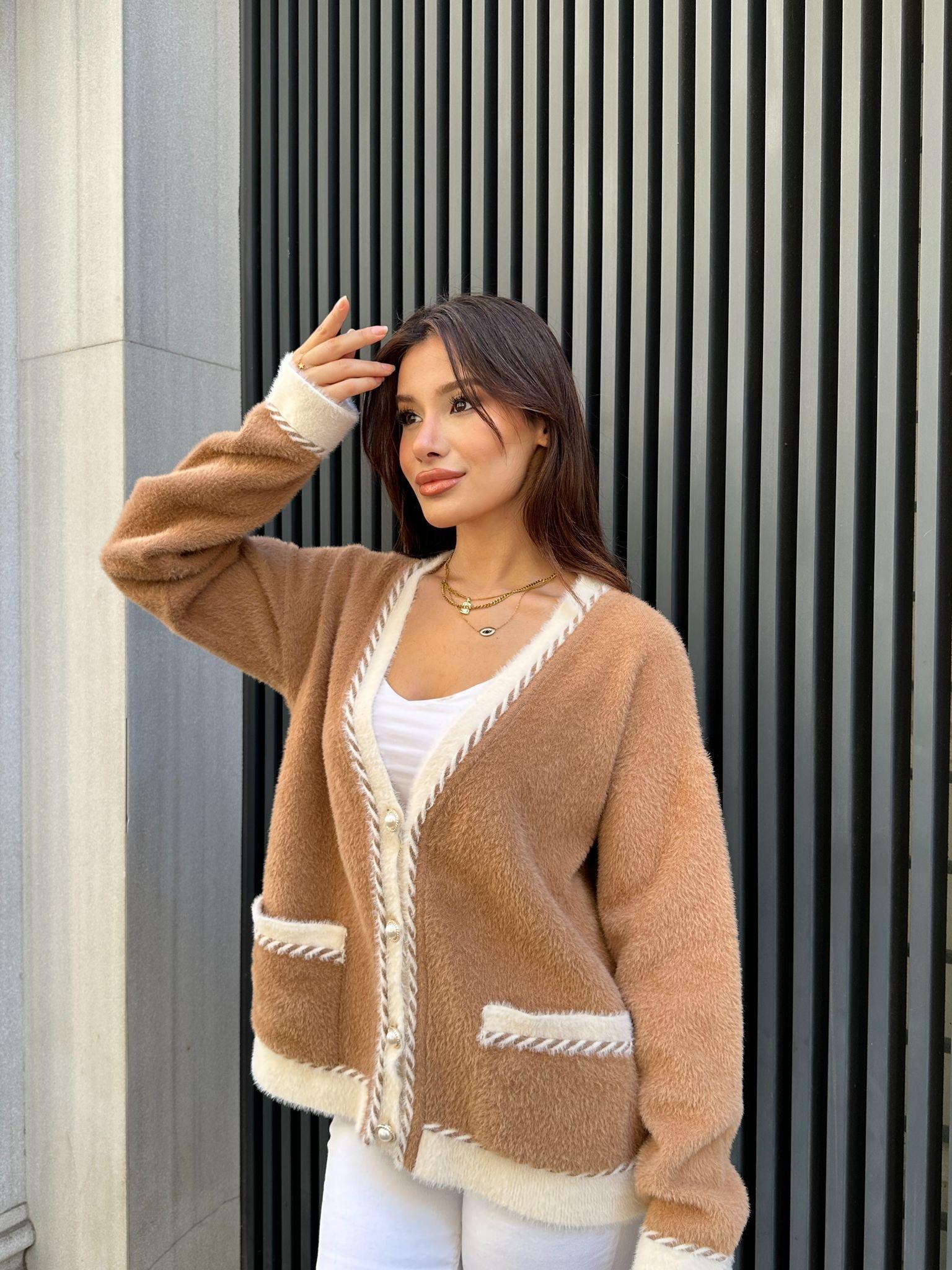 Premium Cepli Peluş Hırka Kahve