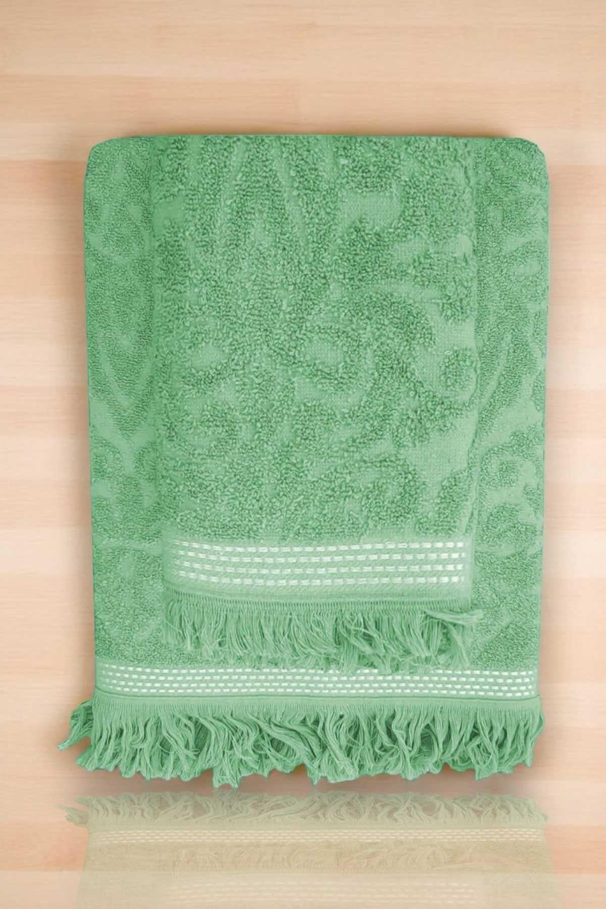 2 Parça Jakarlı Banyo Havlu Takımı %100 Pamuklu 90x150 Cm Arden Yeşil