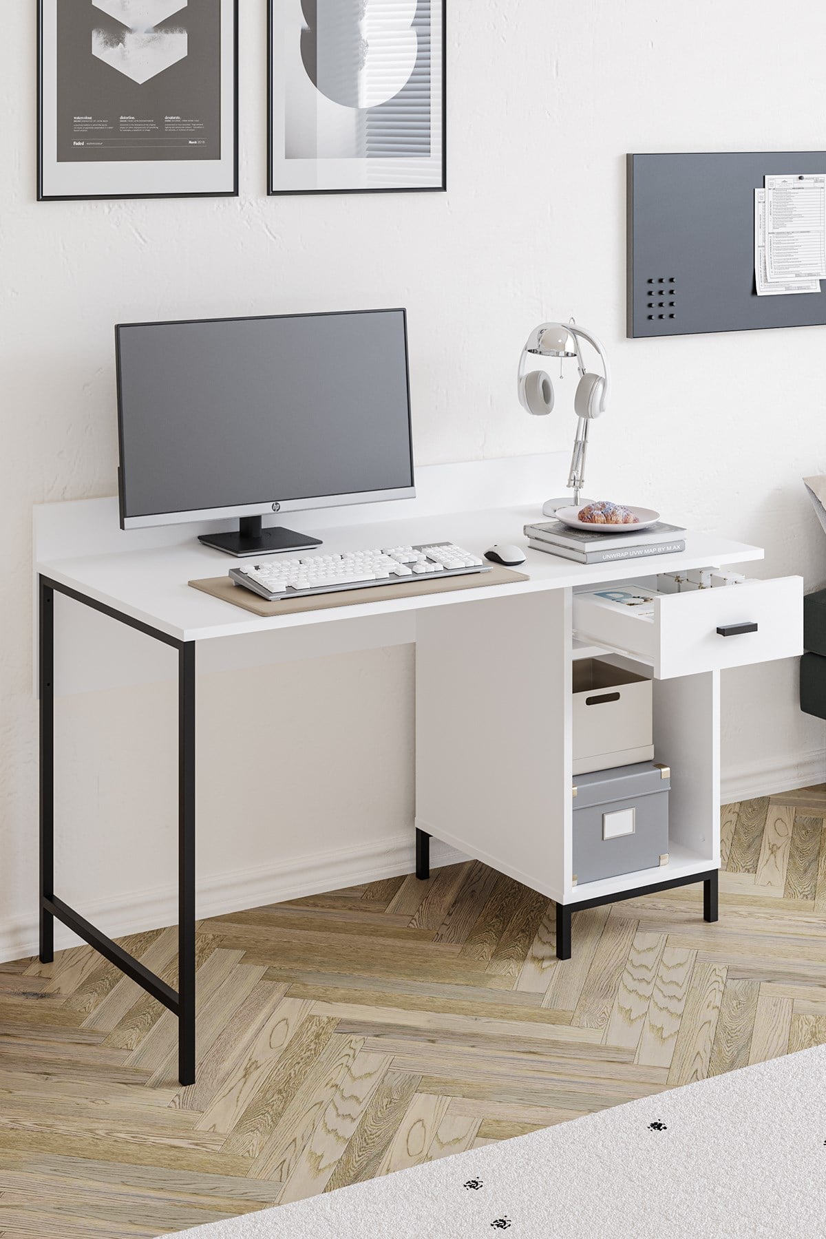Ately Metal Ayaklı Çalışma Masası Ofis Kütüphane Oyuncu Masası Beyaz