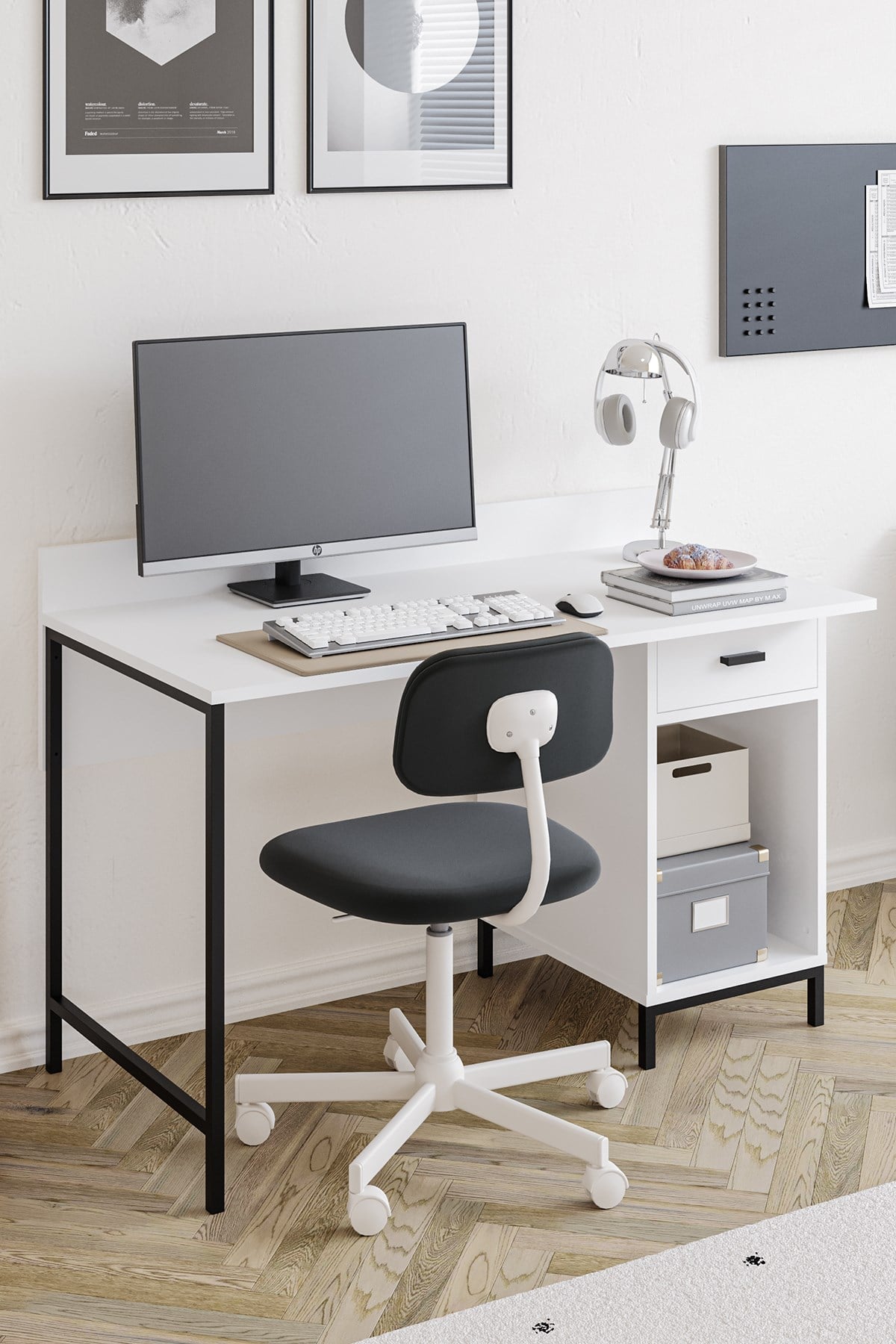 Ately Metal Ayaklı Çalışma Masası Ofis Kütüphane Oyuncu Masası Beyaz
