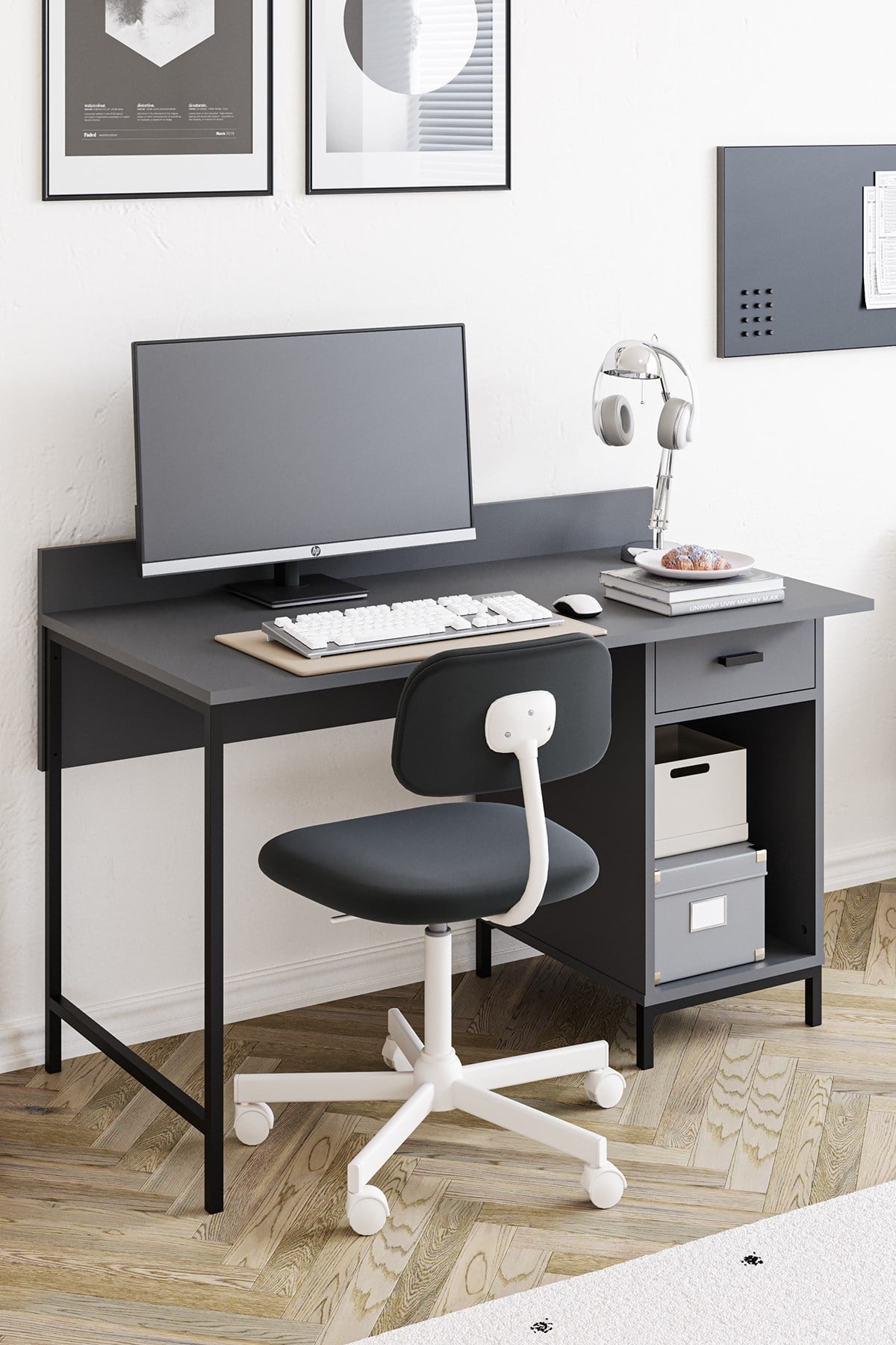 Ately Metal Ayaklı Çalışma Masası Ofis Kütüphane Oyuncu Masası Antrasit