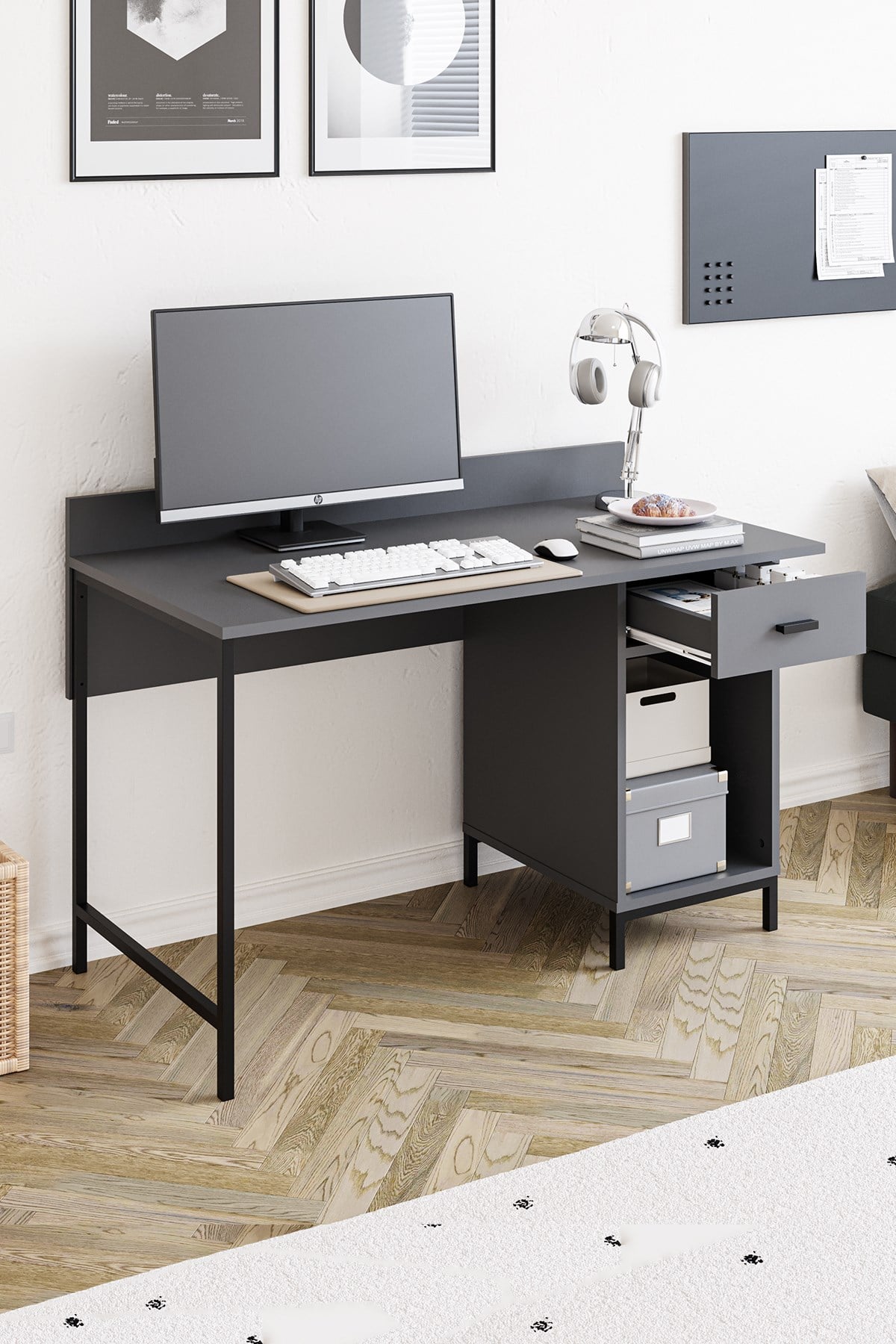 Ately Metal Ayaklı Çalışma Masası Ofis Kütüphane Oyuncu Masası Antrasit