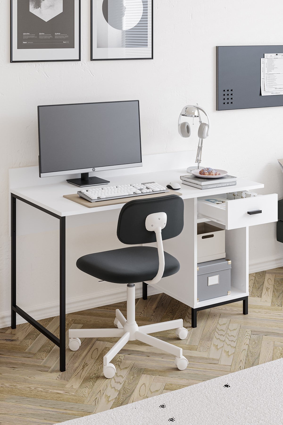 Ately Metal Ayaklı Çalışma Masası Ofis Kütüphane Oyuncu Masası Beyaz