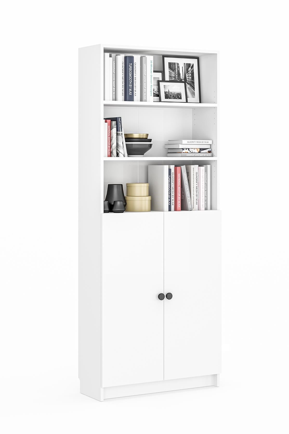 Bili Kitaplık 3 Raflı 2 Kapaklı Çok Amaçlı Ofis Salon Kitap Dosya Rafı Beyaz