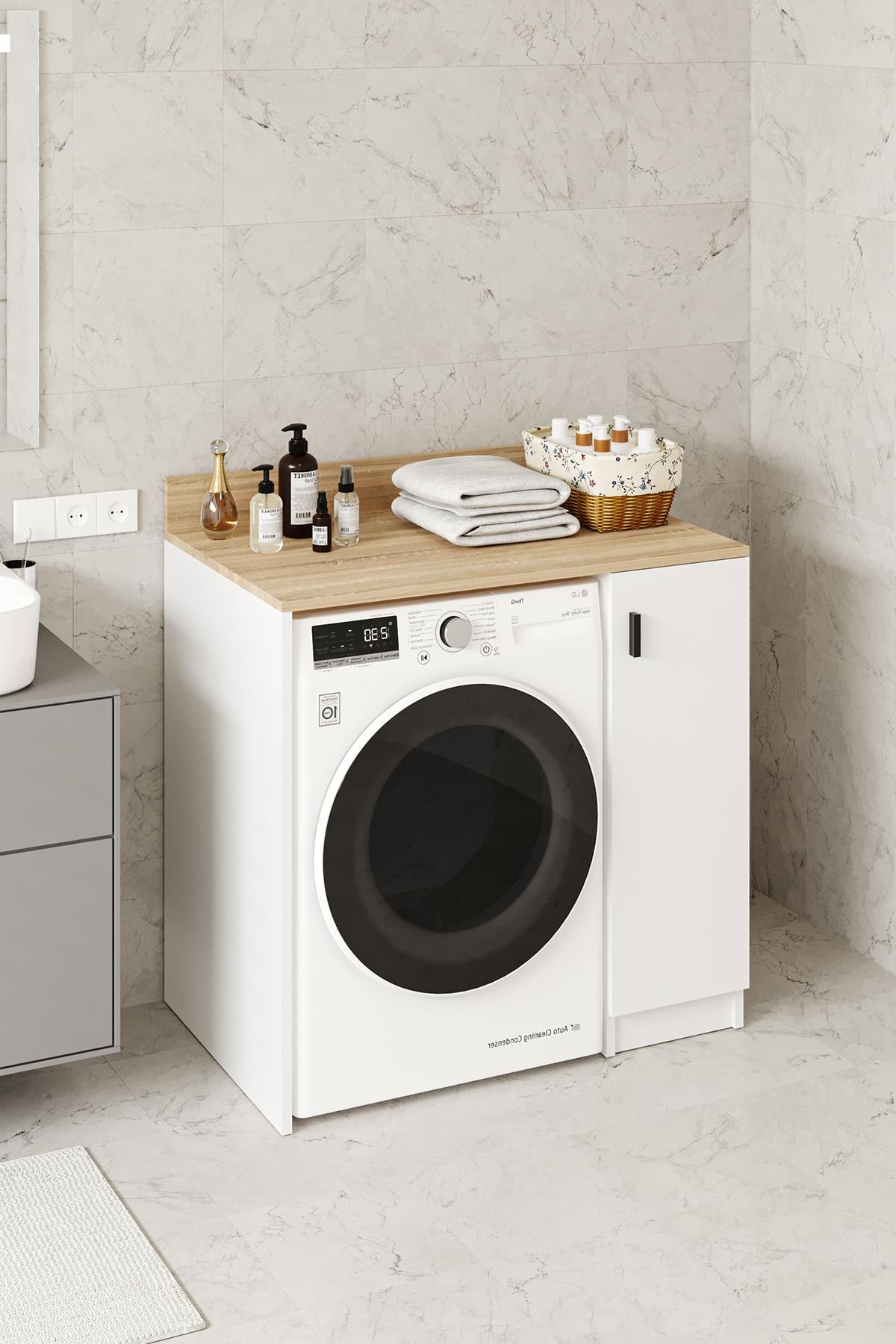 Tirza Çamaşır Makinası Dolabı 2 Raflı 1 Kapaklı Banyo Dolabı Beyaz Meşe