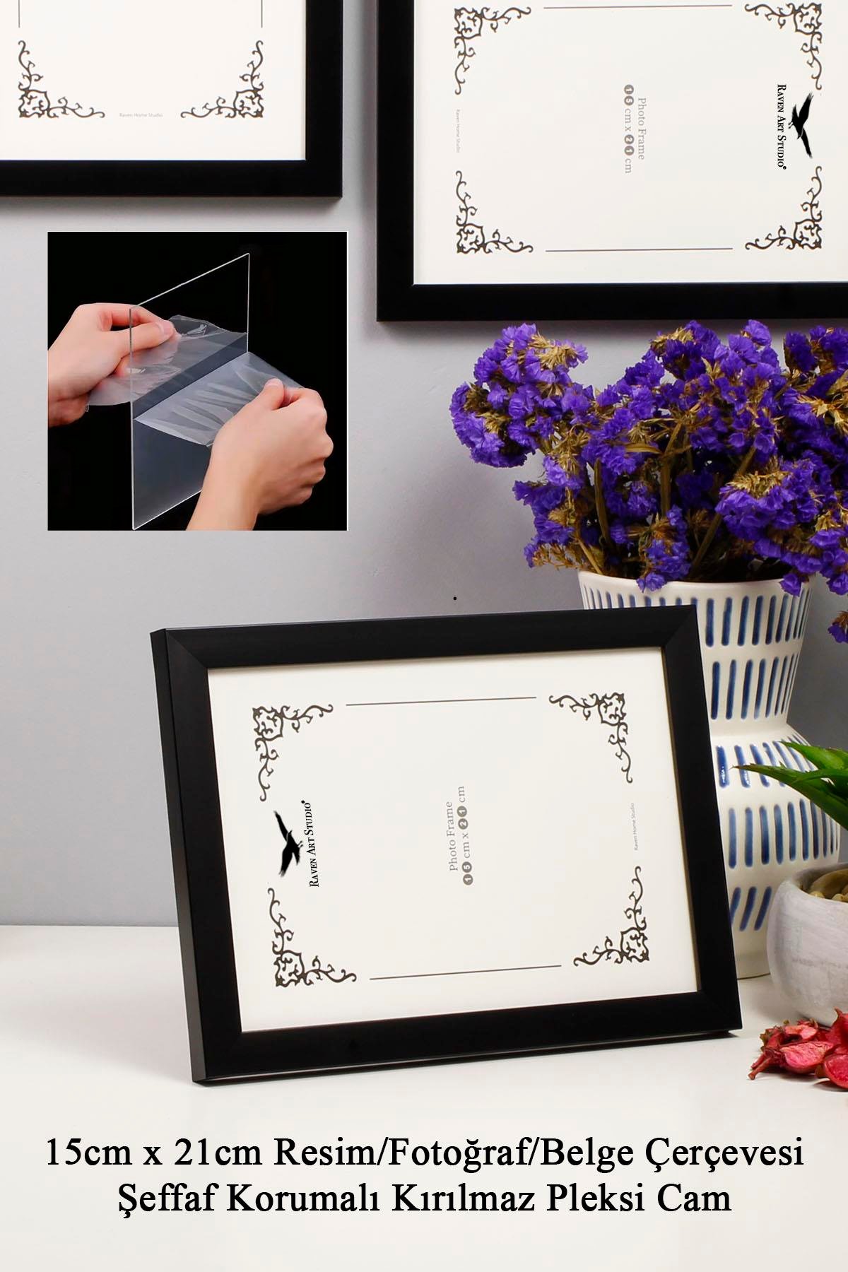 Ermitaj 15cm x 21cm Siyah Resim Fotoğraf Belge Poster Evrak Çerçevesi Korumalı Kırılmaz Pleksi Cam