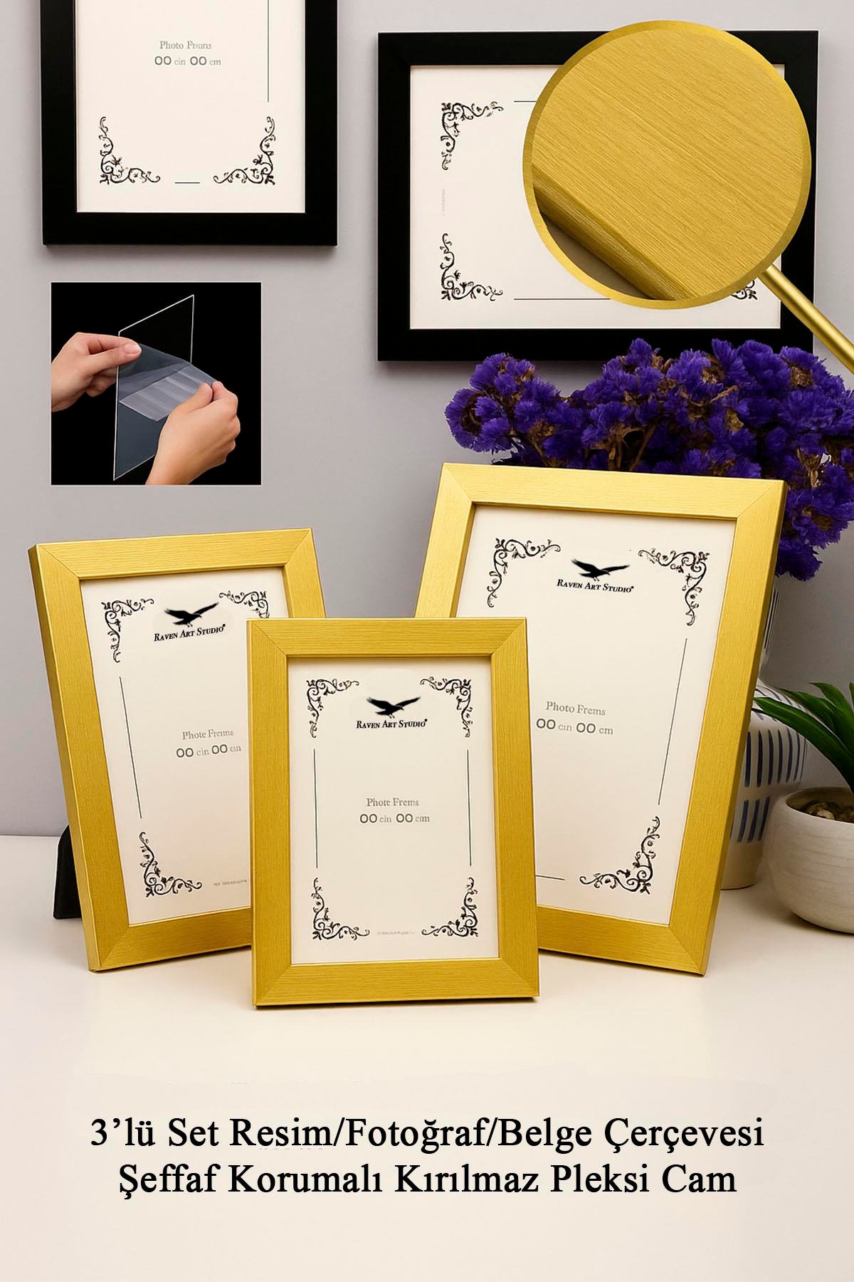 Ermitaj Altın 3'lü Set 10x15cm + 13x18cm + 15x21cm Korumalı Kırılmaz Pleksi Cam