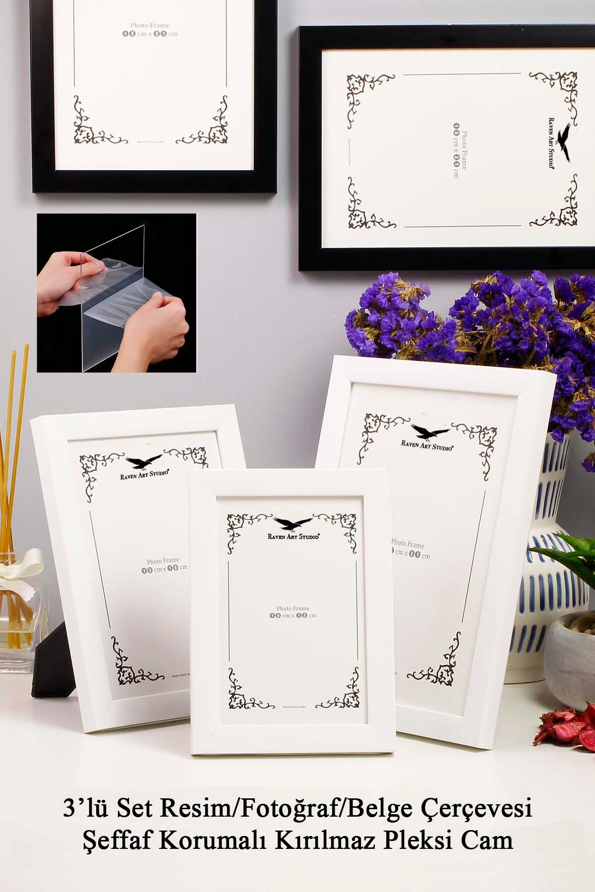 Ermitaj Beyaz 3'lü Set 10x15cm + 13x18cm + 15x21cm Korumalı Kırılmaz Pleksi Cam