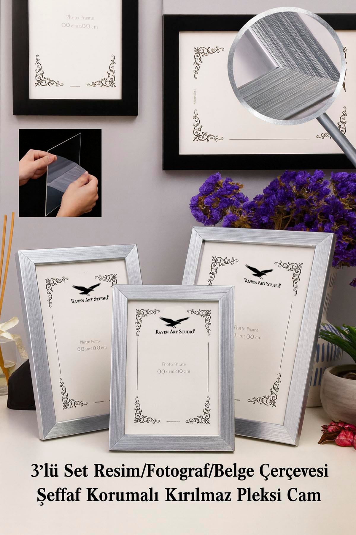 Ermitaj Gümüş 3'lü Set 10x15cm + 13x18cm + 15x21cm Korumalı Kırılmaz Pleksi Cam